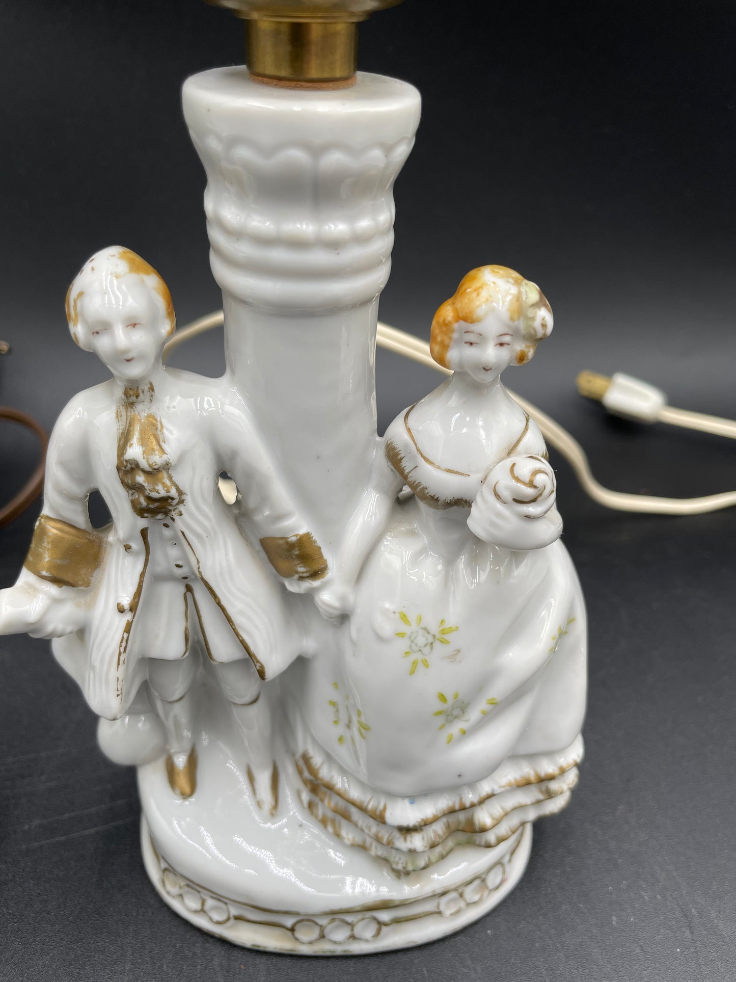 Pair of Vintage Porcelain Victorian Courting Couple Lamps w/ Blue Paper Shades