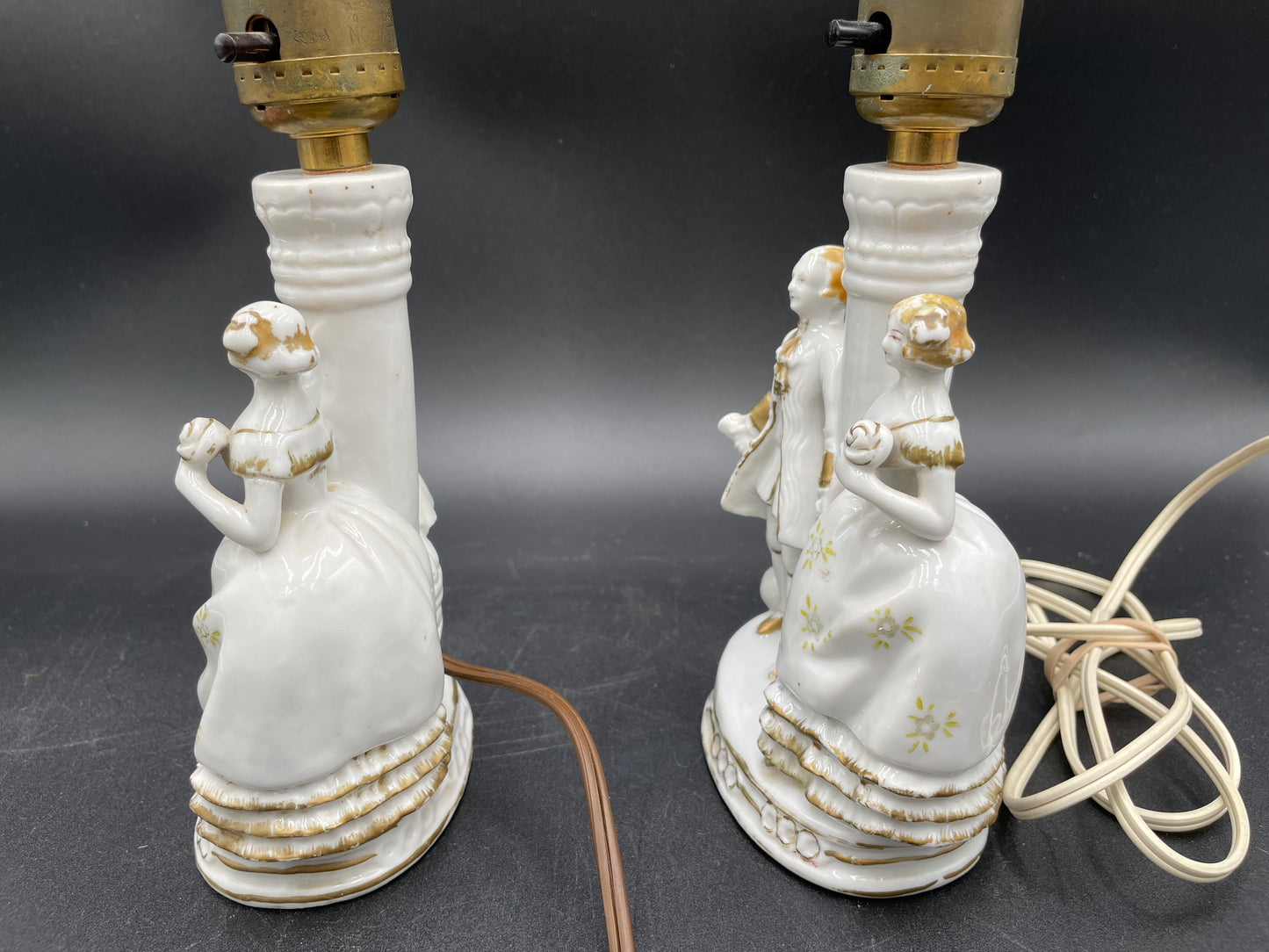 Pair of Vintage Porcelain Victorian Courting Couple Lamps w/ Blue Paper Shades