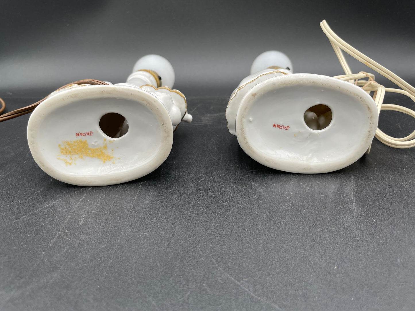 Pair of Vintage Porcelain Victorian Courting Couple Lamps w/ Blue Paper Shades