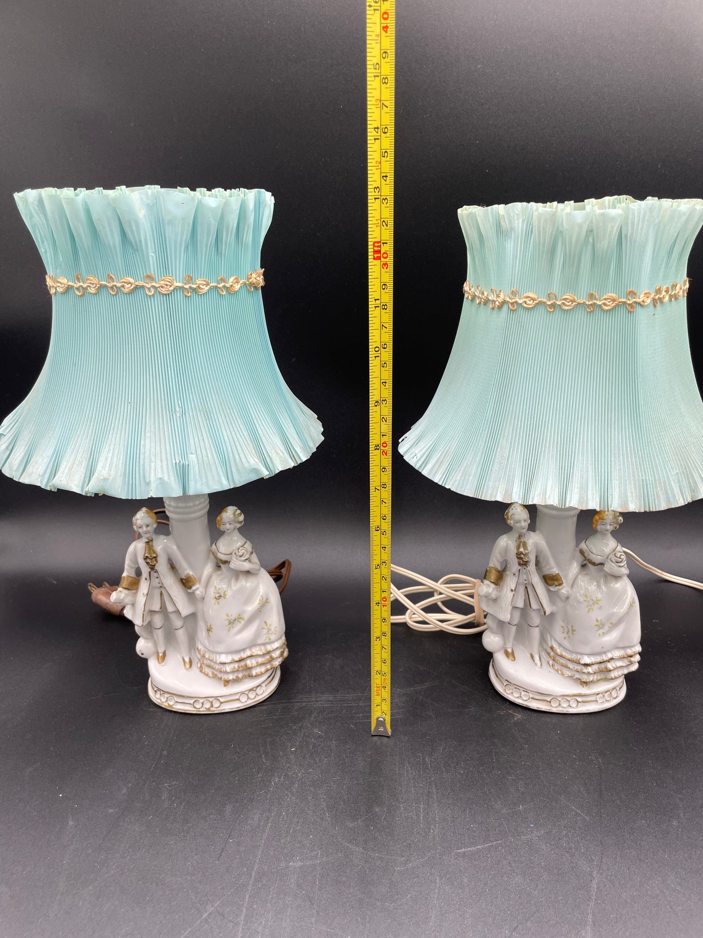 Pair of Vintage Porcelain Victorian Courting Couple Lamps w/ Blue Paper Shades