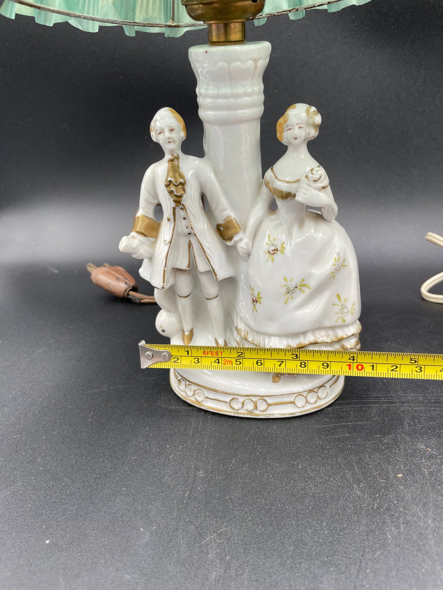 Pair of Vintage Porcelain Victorian Courting Couple Lamps w/ Blue Paper Shades