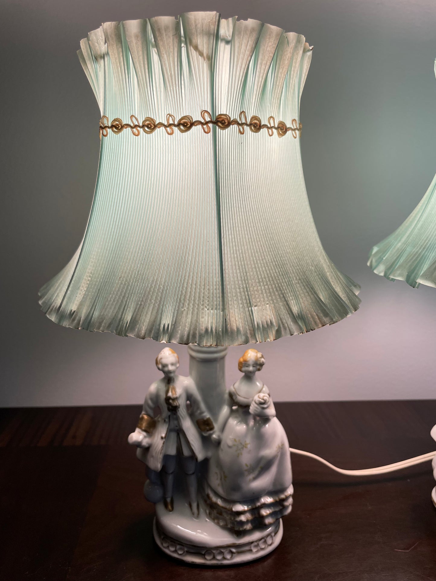 Pair of Vintage Porcelain Victorian Courting Couple Lamps w/ Blue Paper Shades