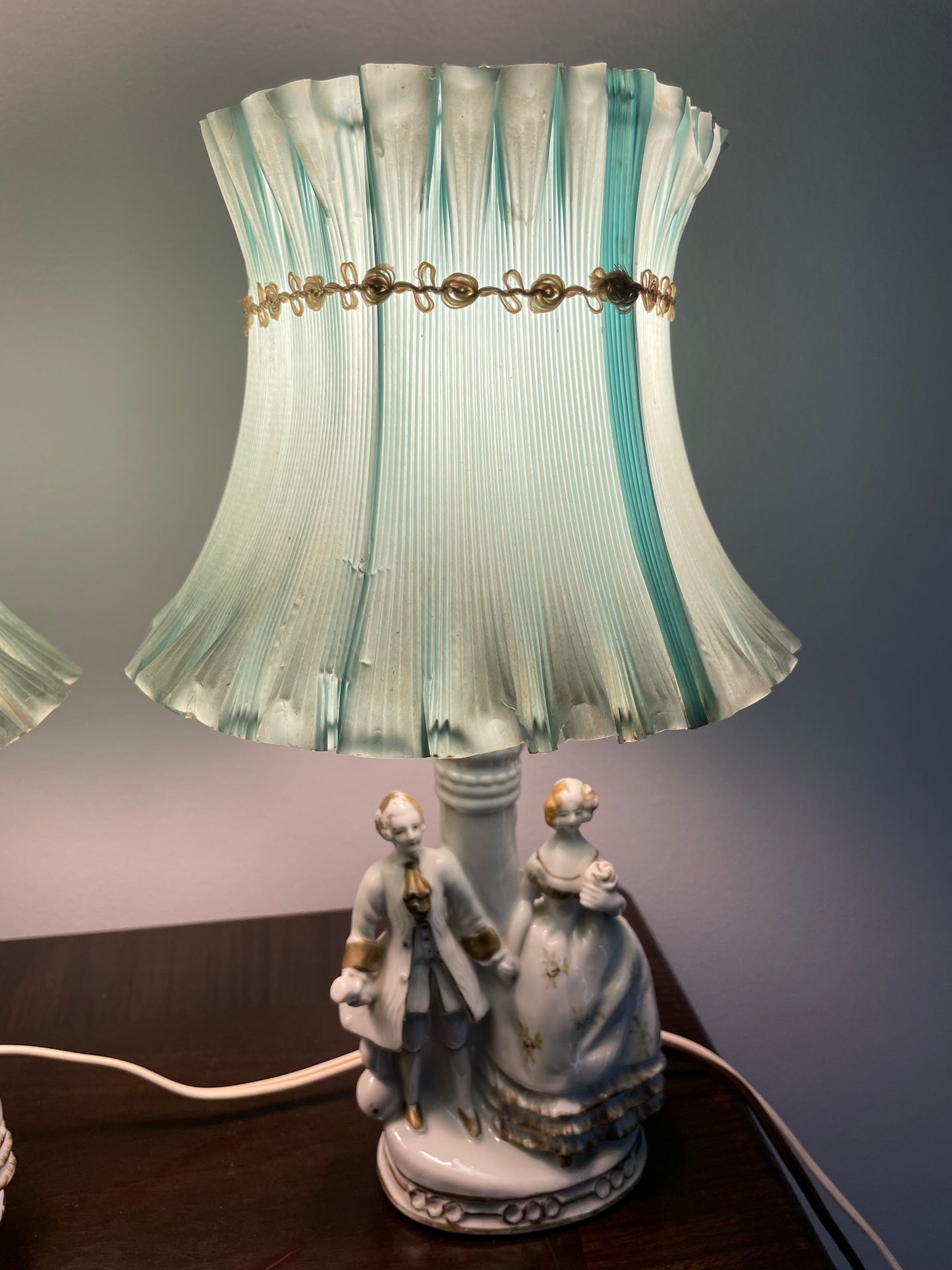 Pair of Vintage Porcelain Victorian Courting Couple Lamps w/ Blue Paper Shades