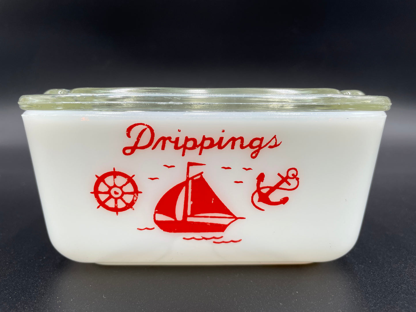 Vintage McKee White Red Ships Small Rectangular 4" x 5"
Drippings Jar with Clear Glass Lid