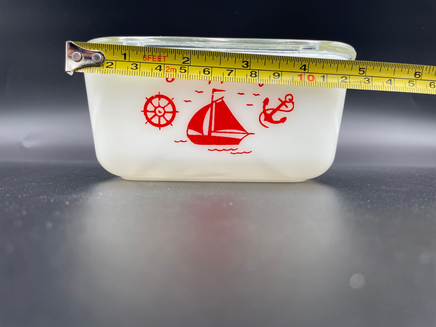 Vintage McKee White Red Ships Small Rectangular 4" x 5"
Drippings Jar with Clear Glass Lid