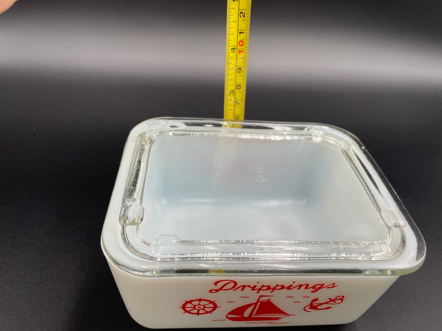 Vintage McKee White Red Ships Small Rectangular 4" x 5"
Drippings Jar with Clear Glass Lid