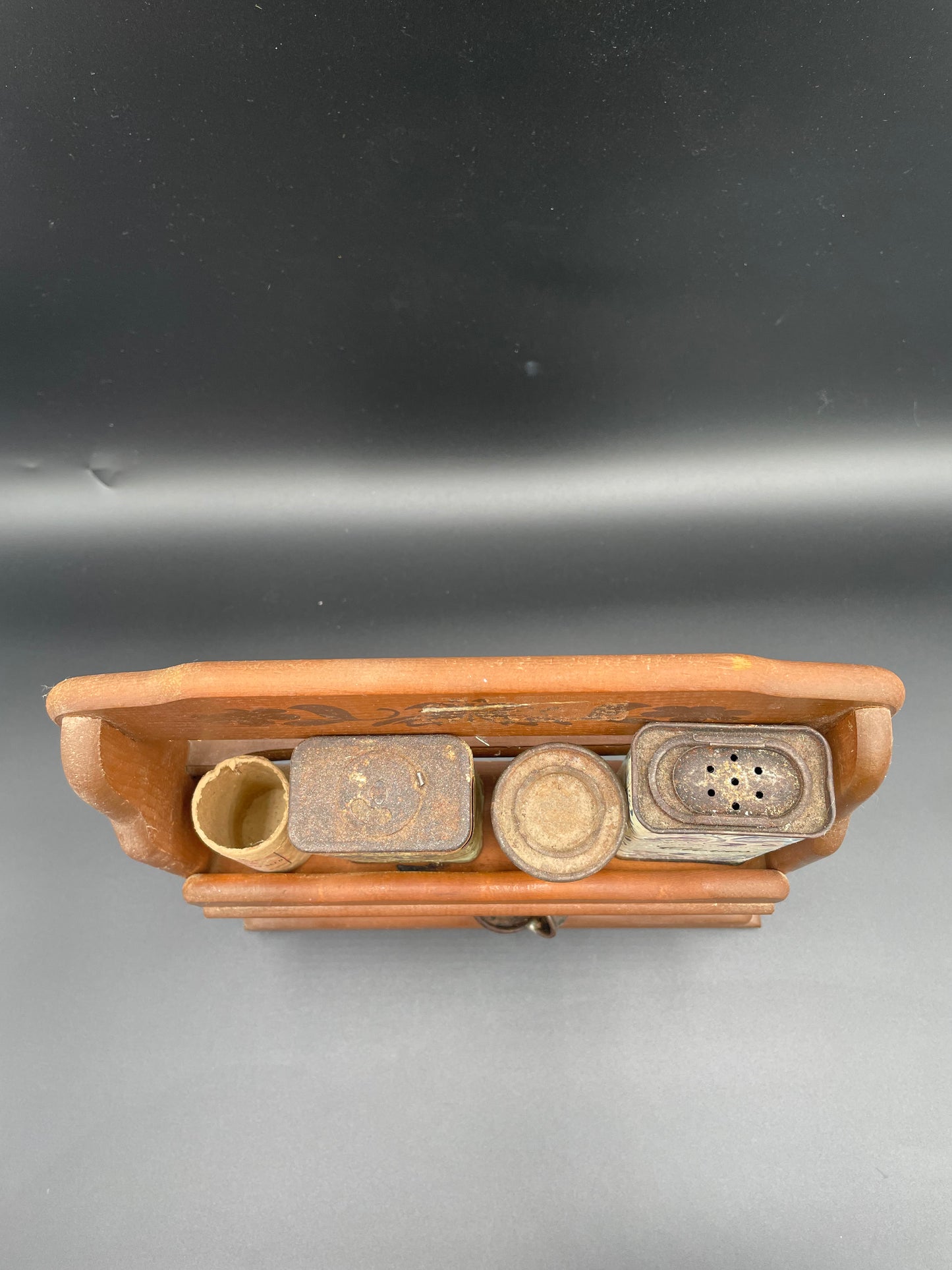 Vintage Wooden Spice Rack w/ Various Old Spice & Remedy Tins