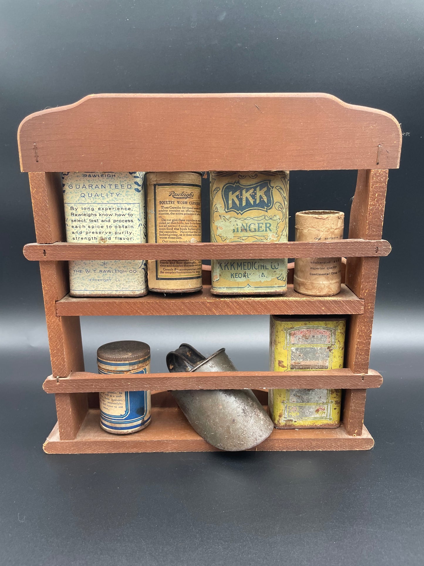 Vintage Wooden Spice Rack w/ Various Old Spice & Remedy Tins
