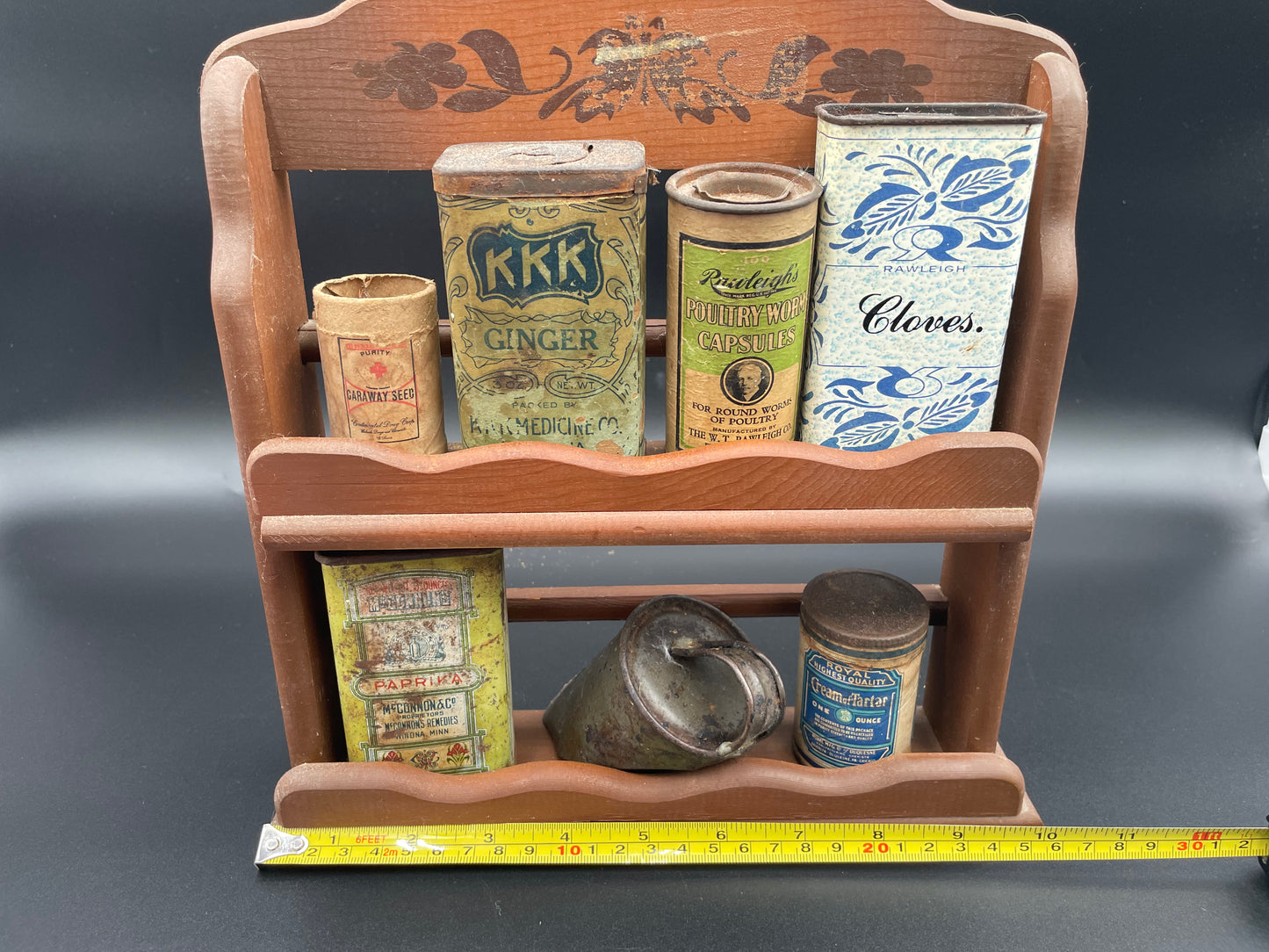 Vintage Wooden Spice Rack w/ Various Old Spice & Remedy Tins