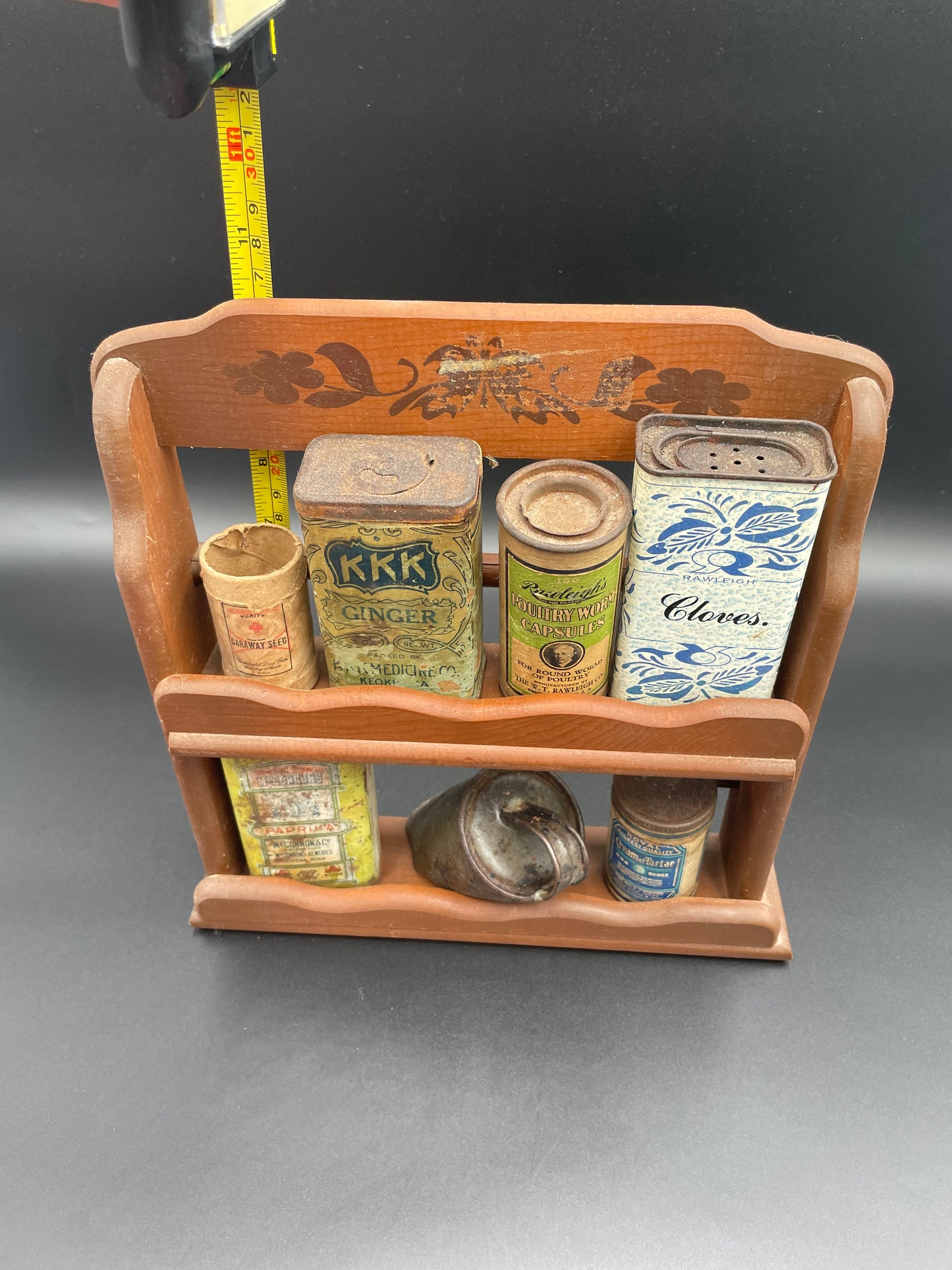 Vintage Wooden Spice Rack w/ Various Old Spice & Remedy Tins