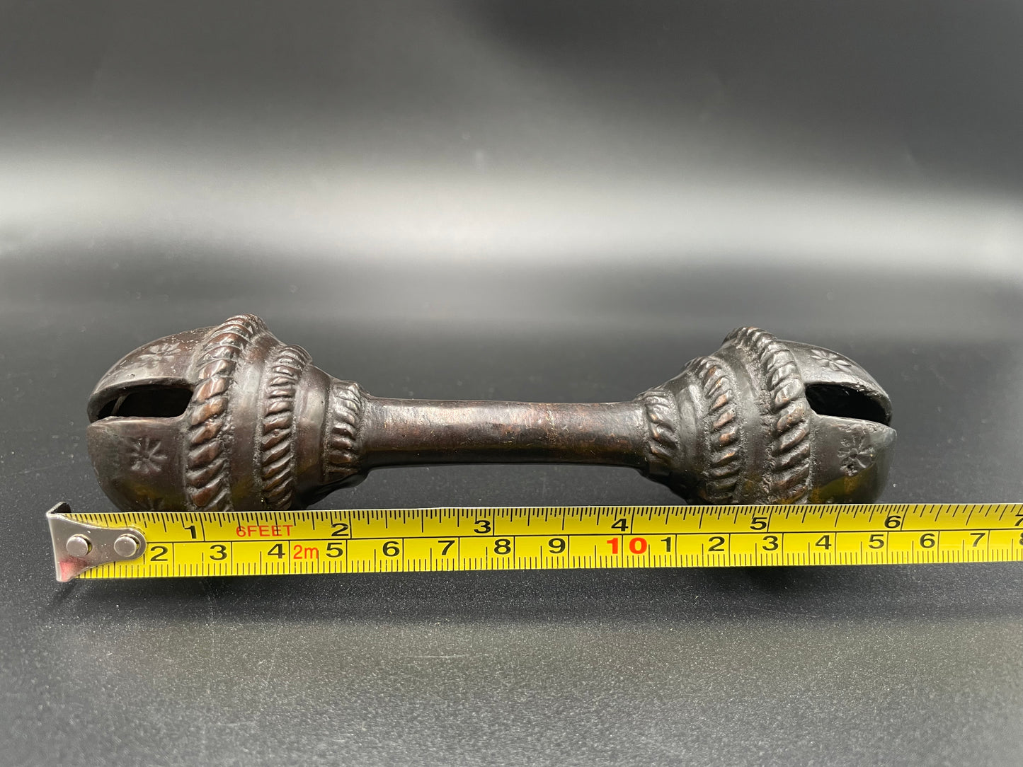 Antique Brass Handcrafted Rattle Bell Double Ended Barbell Heavy Brass Tribal Collectible 6"