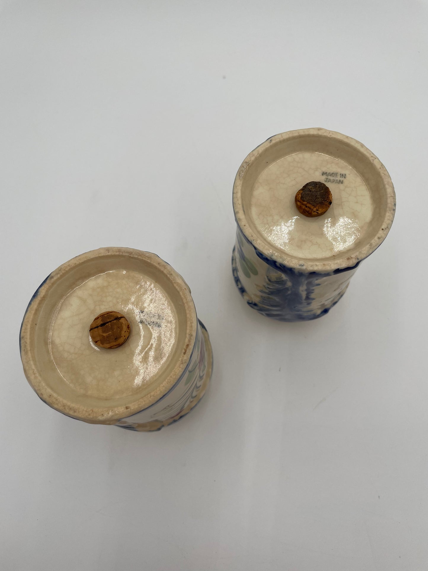 Vintage Large Ceramic Salt & Pepper Shakers Hand Painted Floral & Cobalt Blue - Japan