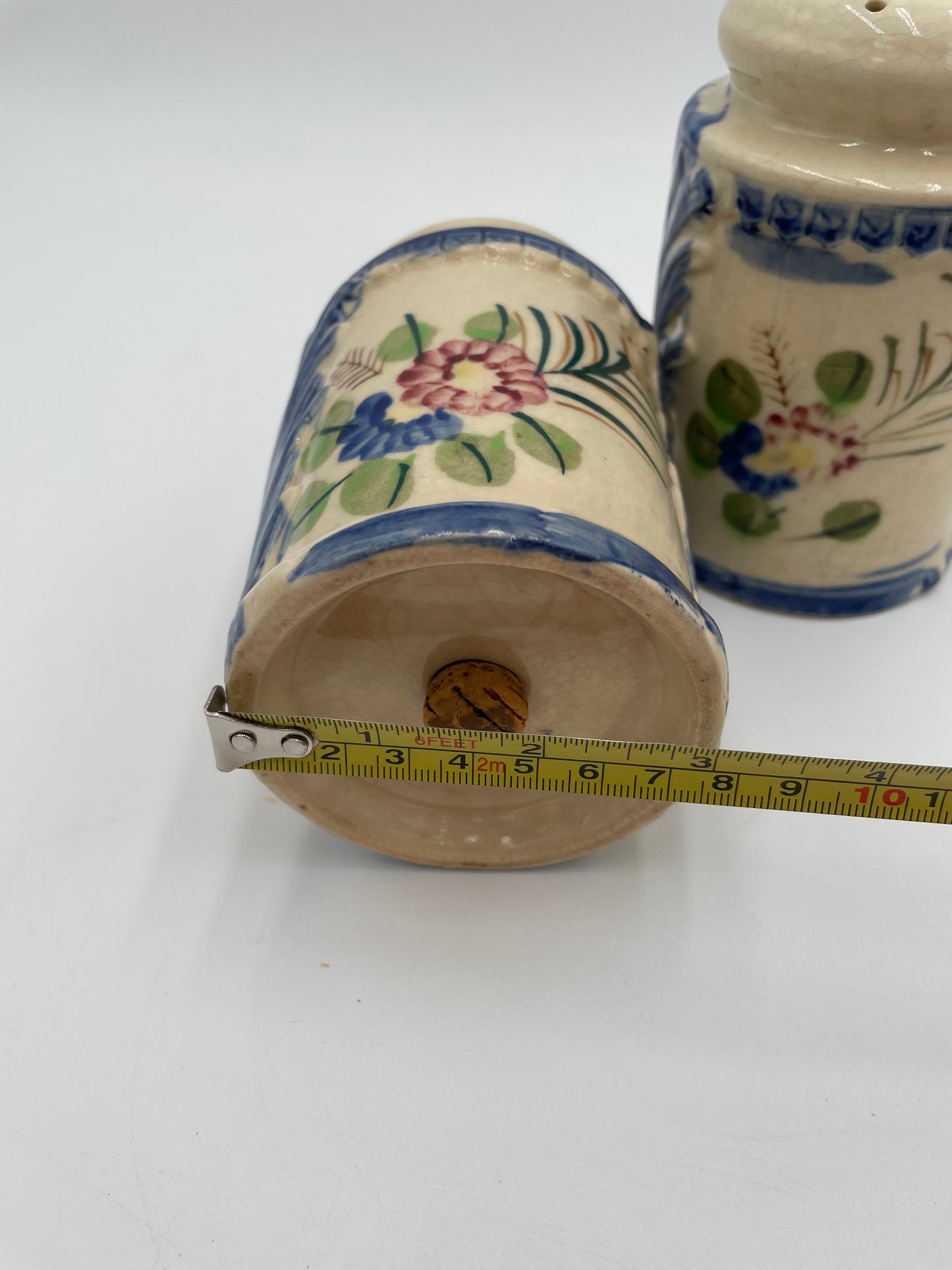 Vintage Large Ceramic Salt & Pepper Shakers Hand Painted Floral & Cobalt Blue - Japan