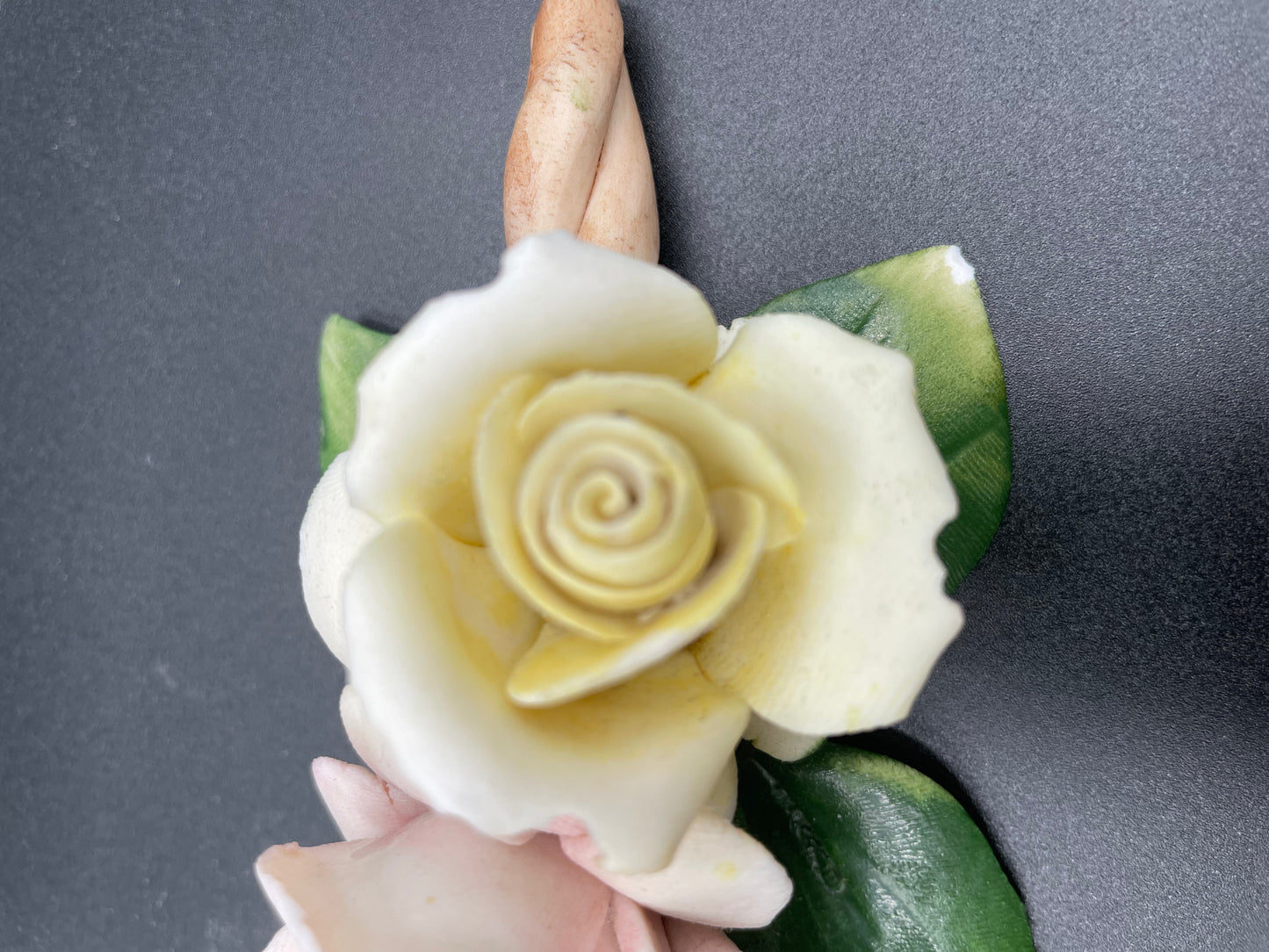 Vintage Fine Bisque
Porcelain Rose Sculpture w/ Two Buds on Branch