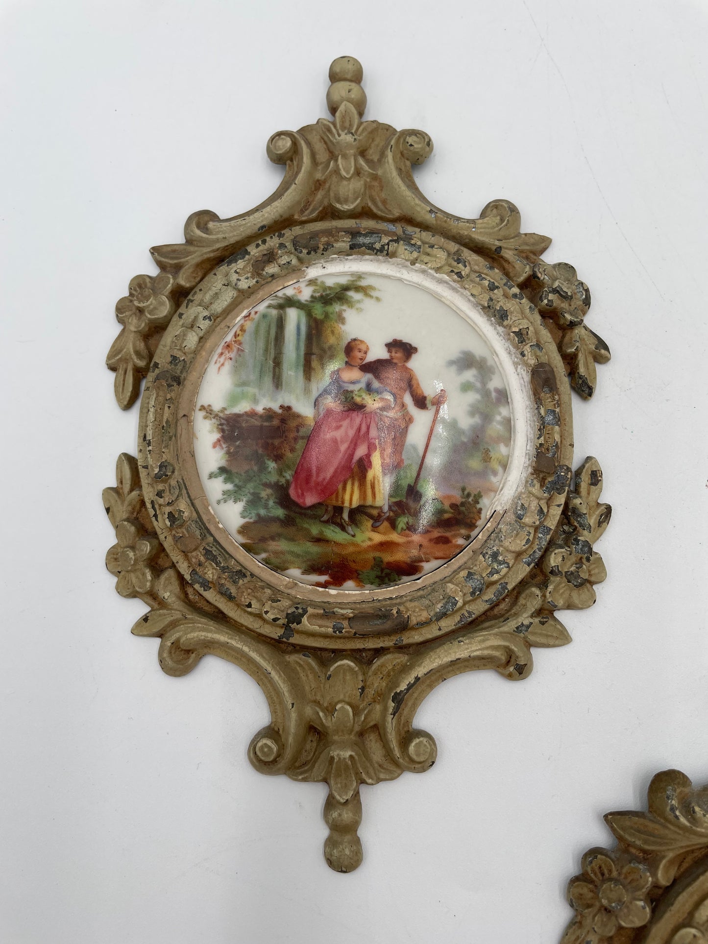 Three Antique Porcelain
Victorian Scenes w/ Ornate Metal Wall Frame by SD Baker-Samson China - Vintosh Vintage