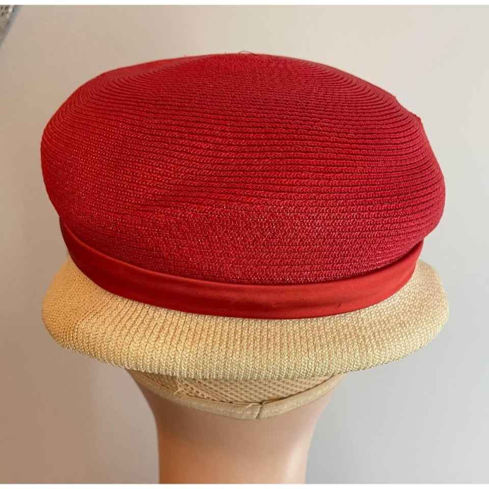 Vintage Hess Brothers Red & Creme Soft Straw Hat w/ Veil & Satin Bow