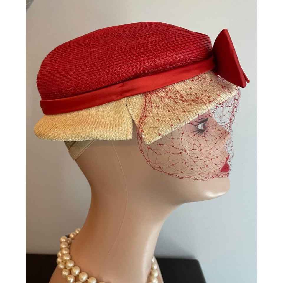 Vintage Hess Brothers Red & Creme Soft Straw Hat w/ Veil & Satin Bow