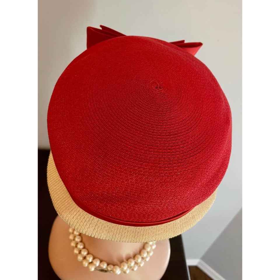 Vintage Hess Brothers Red & Creme Soft Straw Hat w/ Veil & Satin Bow