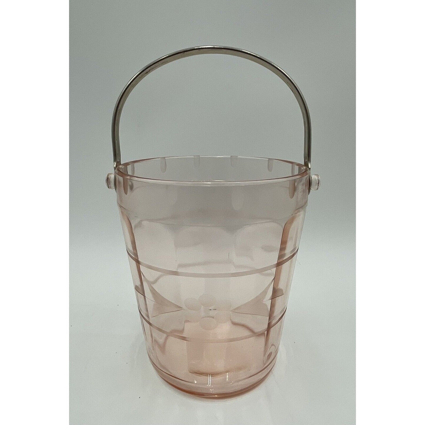 VTG Pink Depression Glass Ice Bucket w/Etched Floral Design & Silver Handle (C7) - Vintosh Vintage