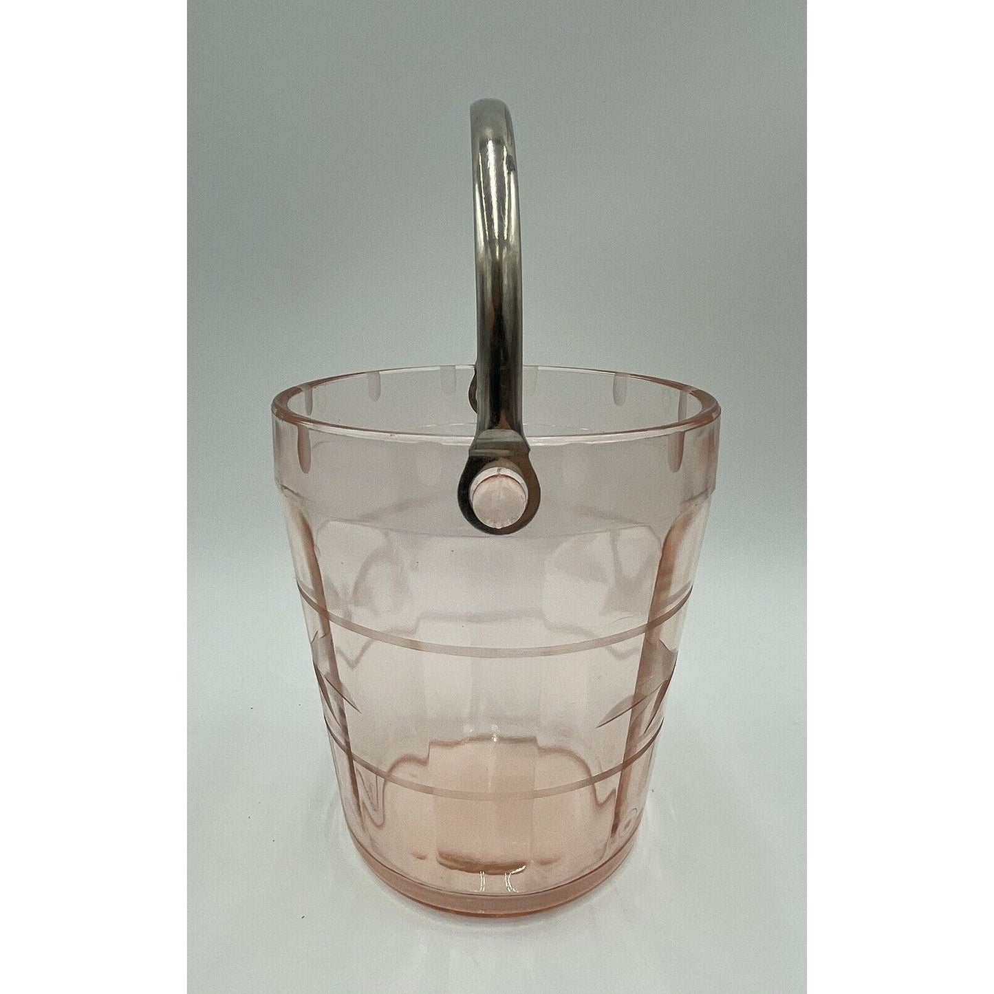 VTG Pink Depression Glass Ice Bucket w/Etched Floral Design & Silver Handle (C7) - Vintosh Vintage