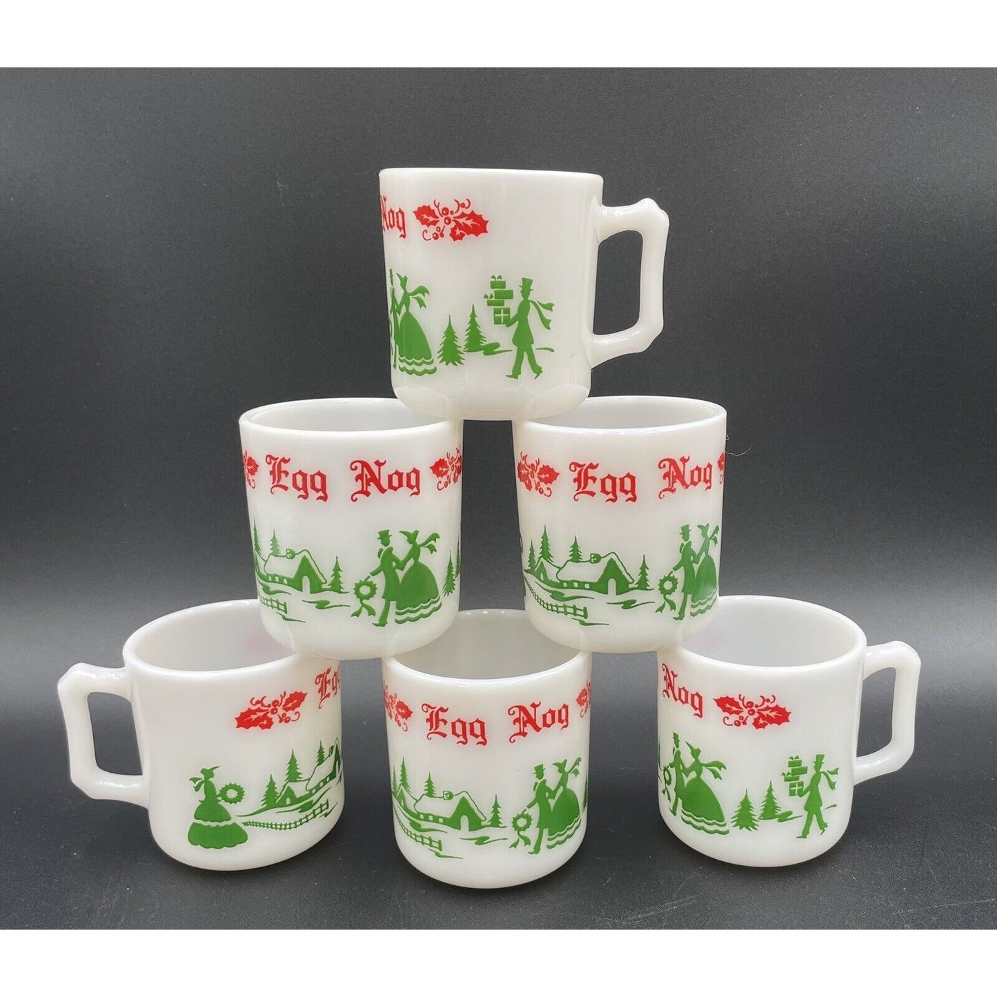 Six Vintage Hazel Atlas Milk Glass Christmas Eggnog Cups (B4) - Vintosh Vintage