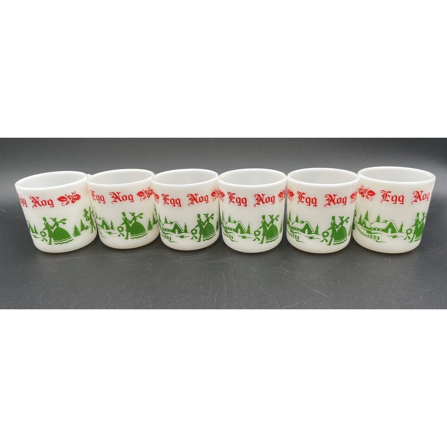 Six Vintage Hazel Atlas Milk Glass Christmas Eggnog Cups (B4) - Vintosh Vintage