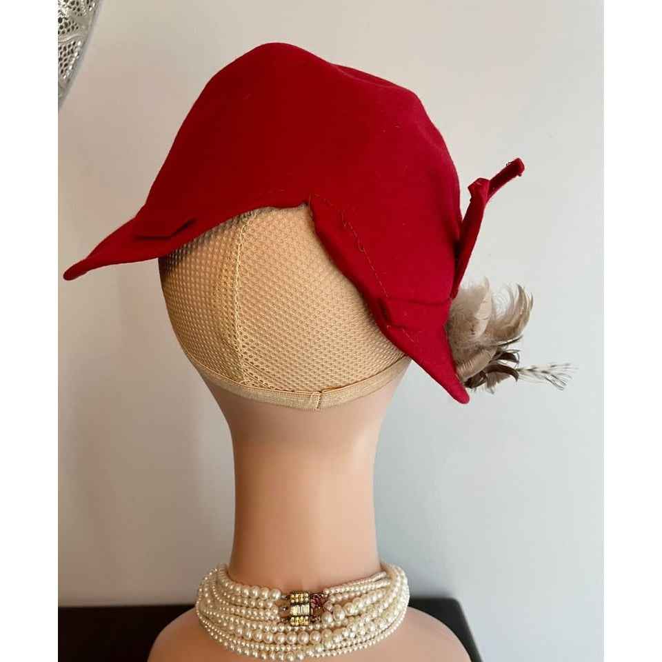 Vintage Red Felt Hat w/ Cream & Brown Feathers