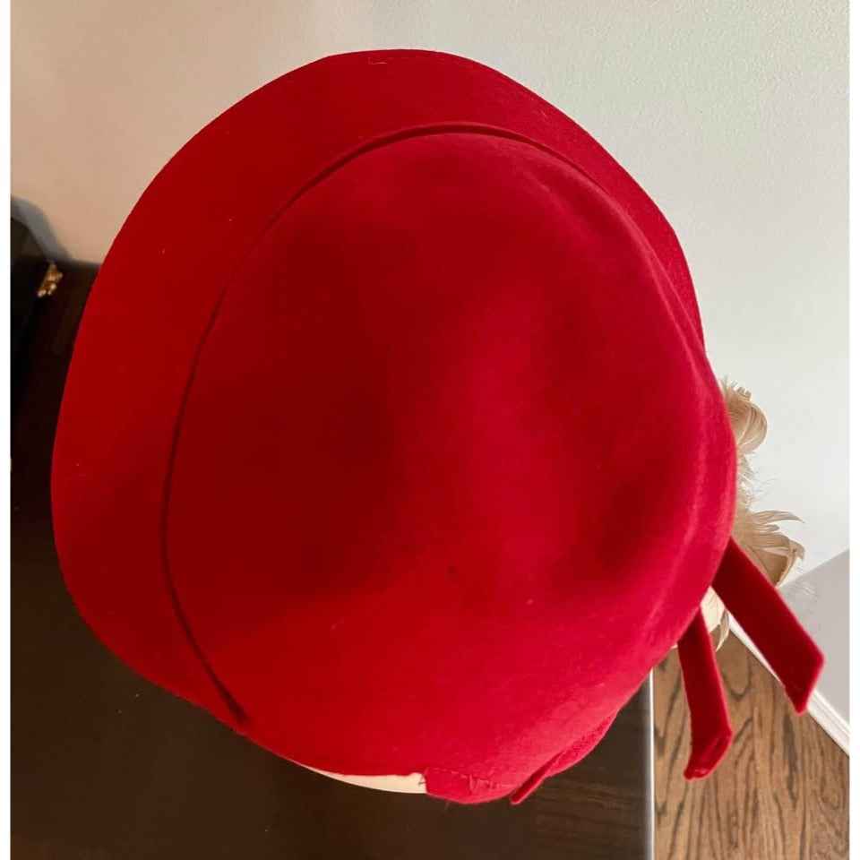 Vintage Red Felt Hat w/ Cream & Brown Feathers