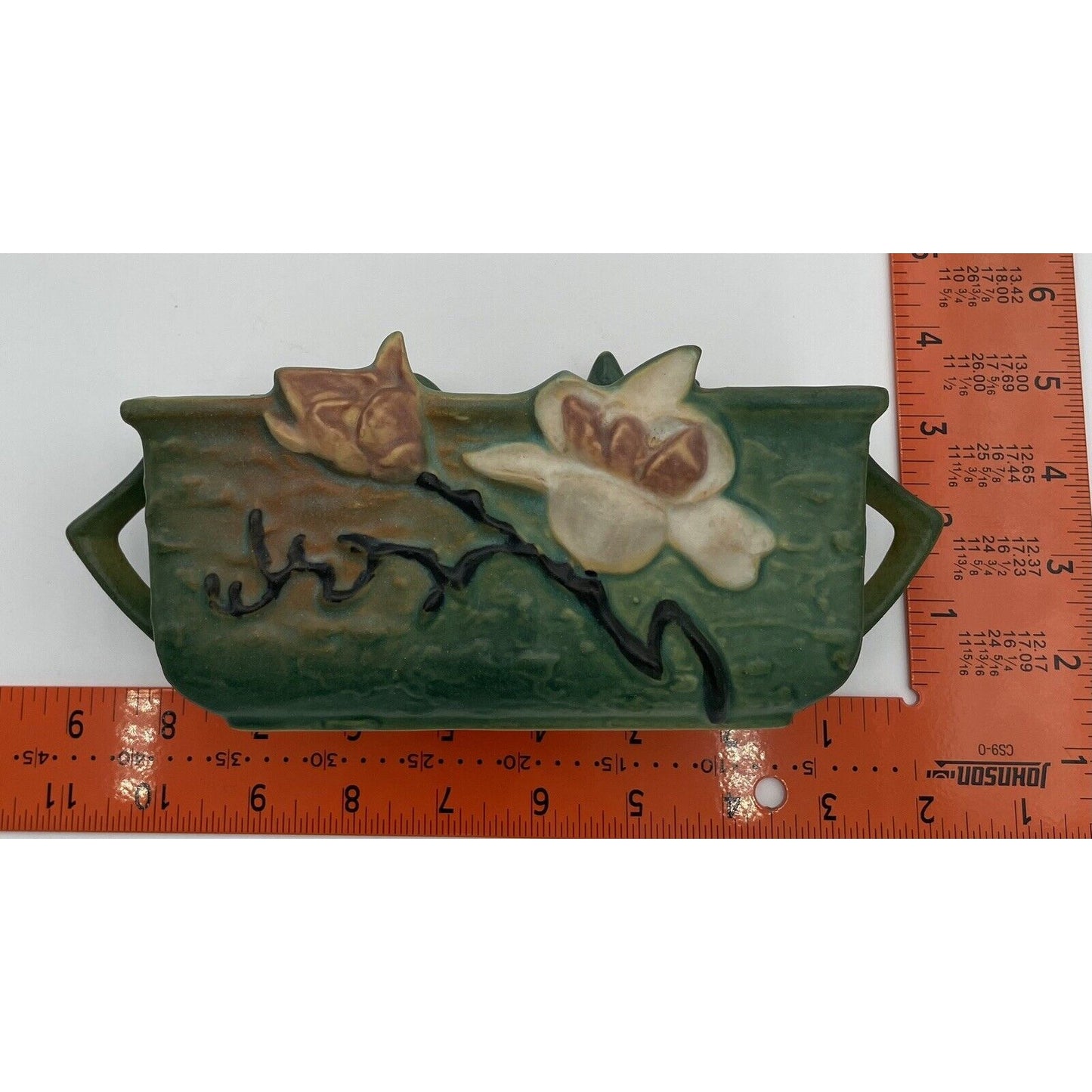 Vintage Roseville Pottery Magnolia 388-6 Green Rectangular Planter (B8) - Vintosh Vintage