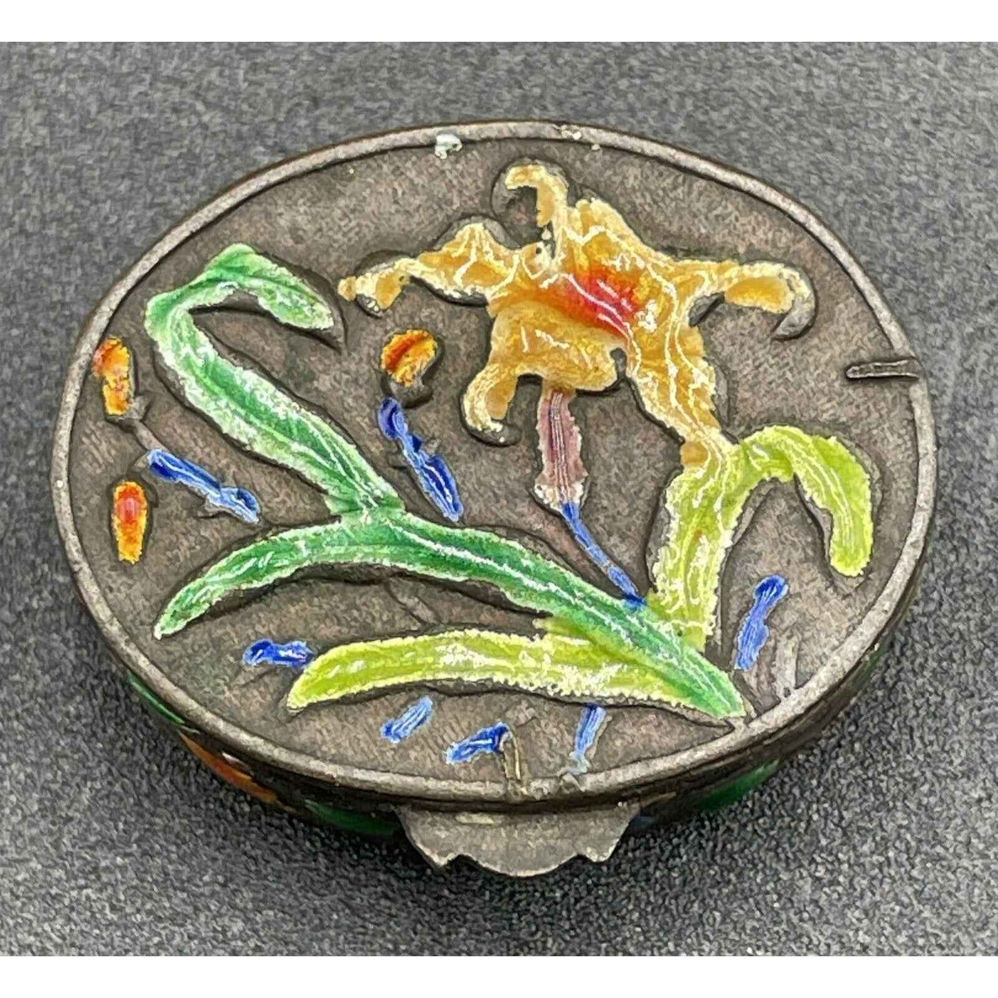 Antique Hand Painted Multicolored Lily Cloisonne Enamel Hinged Pill Box (B7)