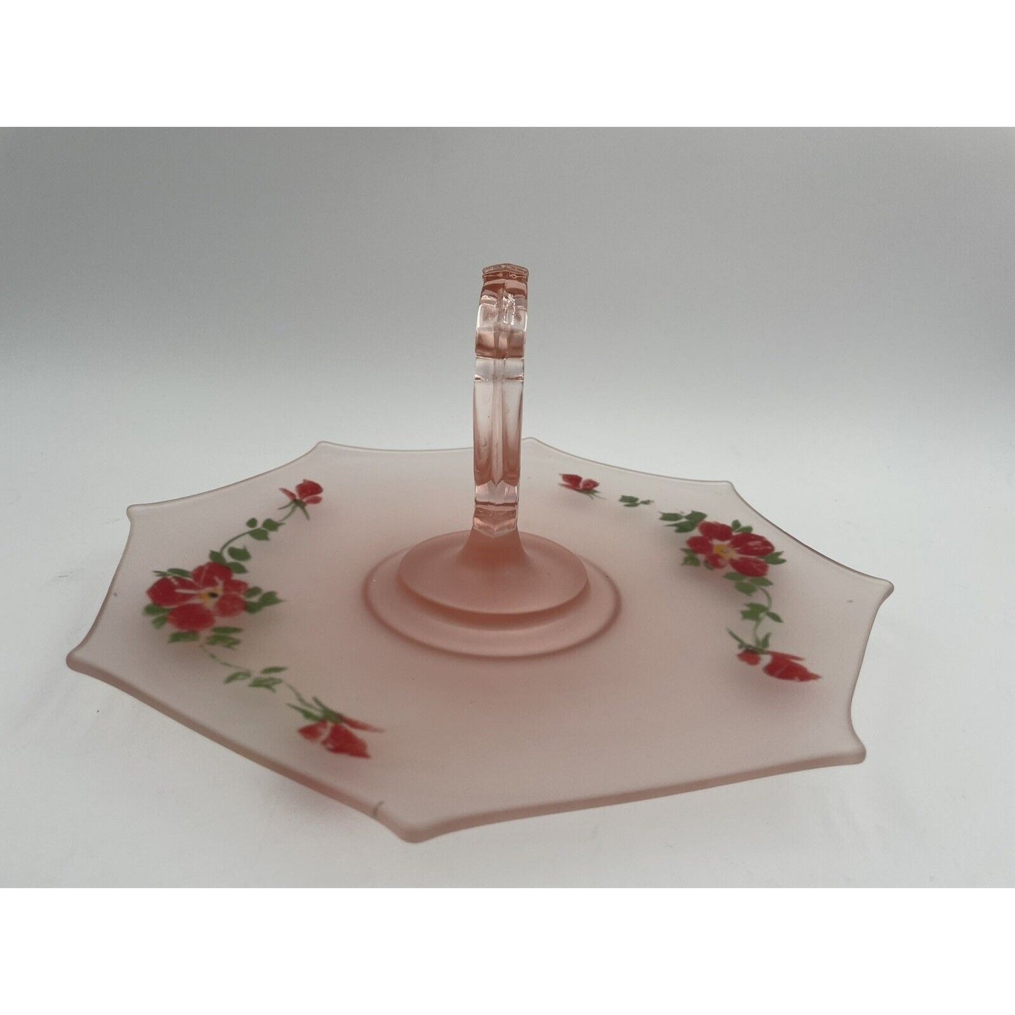 Vtg Frosted Glass Pink Hand Painted Floral Sandwich/Dessert Tray Loop Handle - Vintosh Vintage