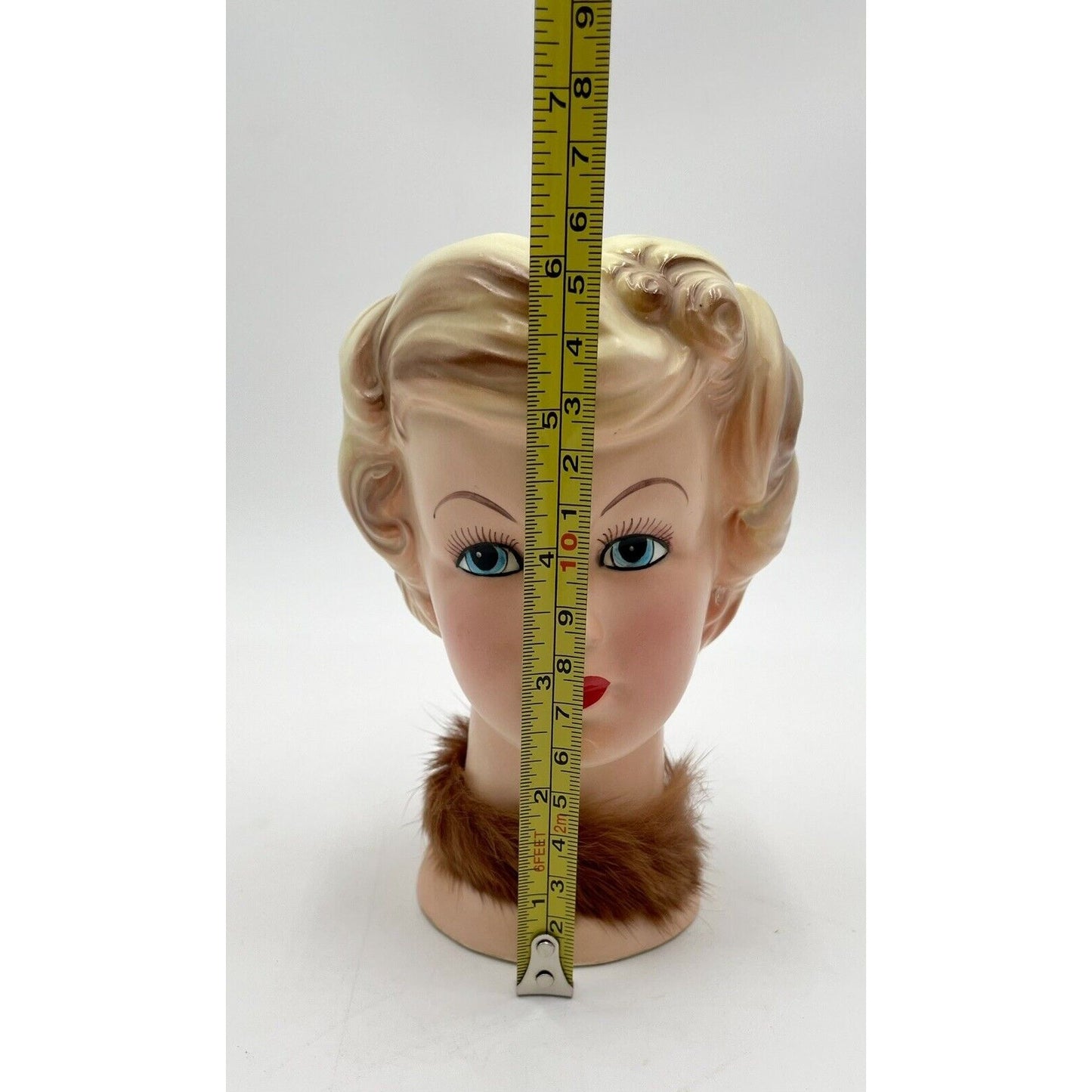 Vintage Enesco 6" Lady Head Vase w/ Blond Hair & Fur Collar - Vintosh Vintage