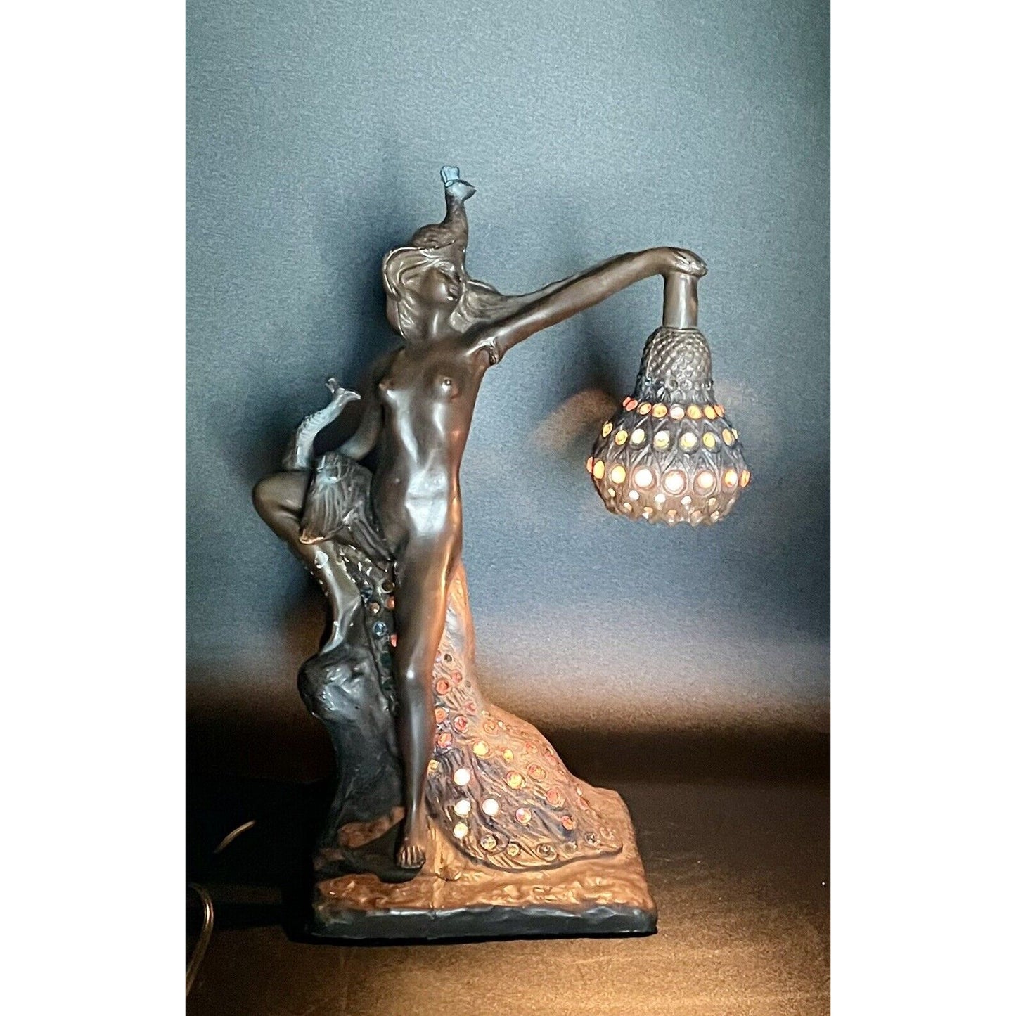 Vintage Philippe Wolfers Art Nouveau Bronze Jeweled Female & Peacock Table Lamp - Vintosh Vintage