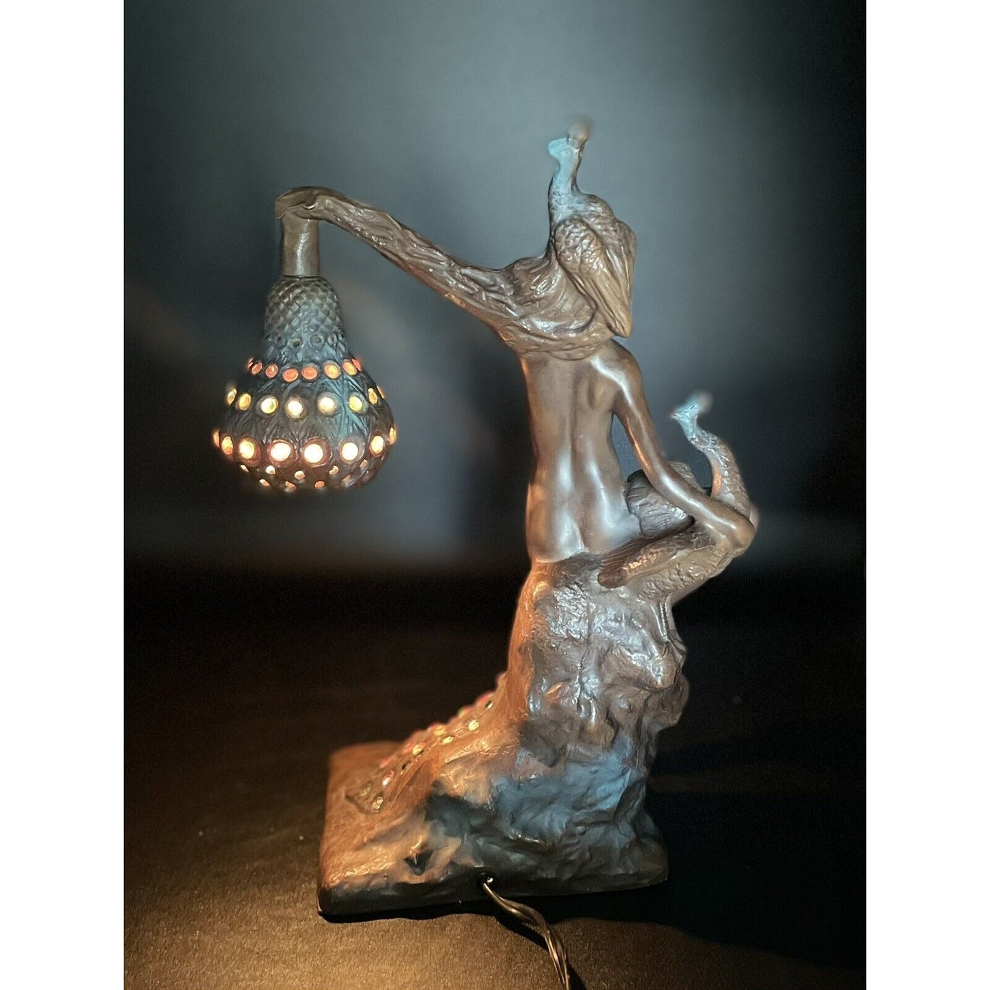 Vintage Philippe Wolfers Art Nouveau Bronze Jeweled Female & Peacock Table Lamp - Vintosh Vintage