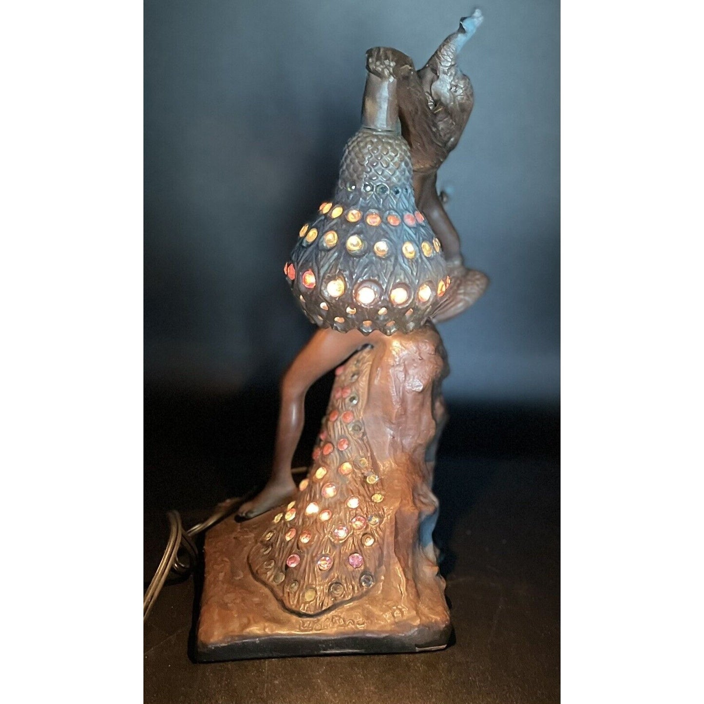 Vintage Philippe Wolfers Art Nouveau Bronze Jeweled Female & Peacock Table Lamp - Vintosh Vintage