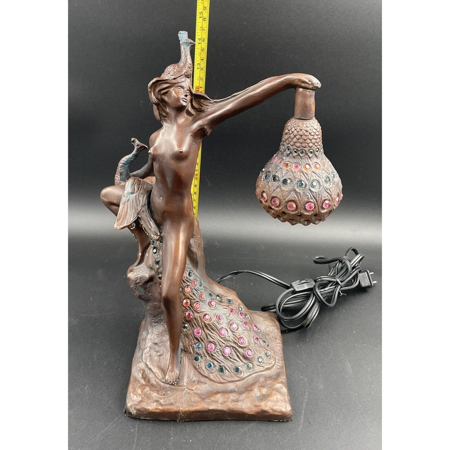 Vintage Philippe Wolfers Art Nouveau Bronze Jeweled Female & Peacock Table Lamp - Vintosh Vintage