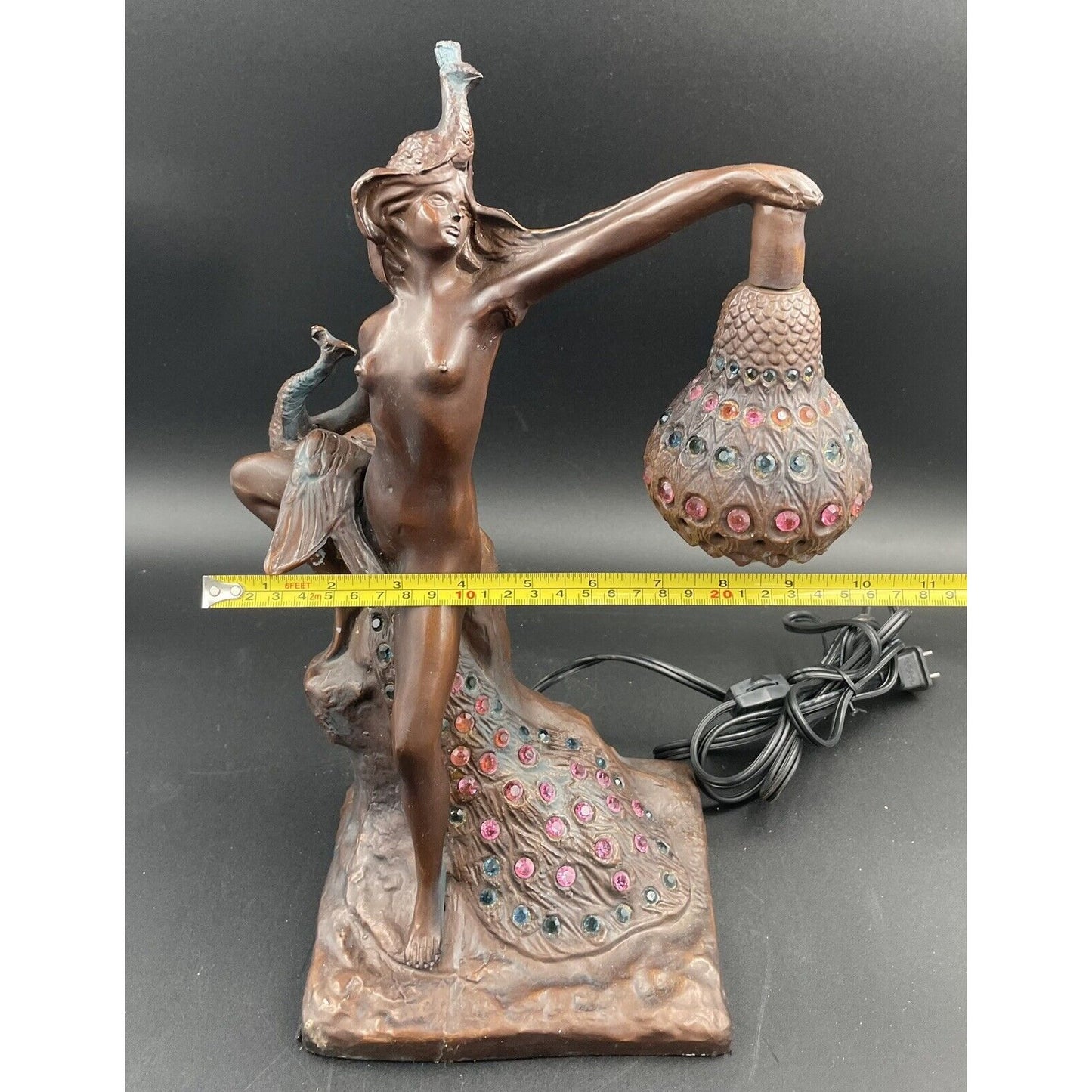 Vintage Philippe Wolfers Art Nouveau Bronze Jeweled Female & Peacock Table Lamp - Vintosh Vintage