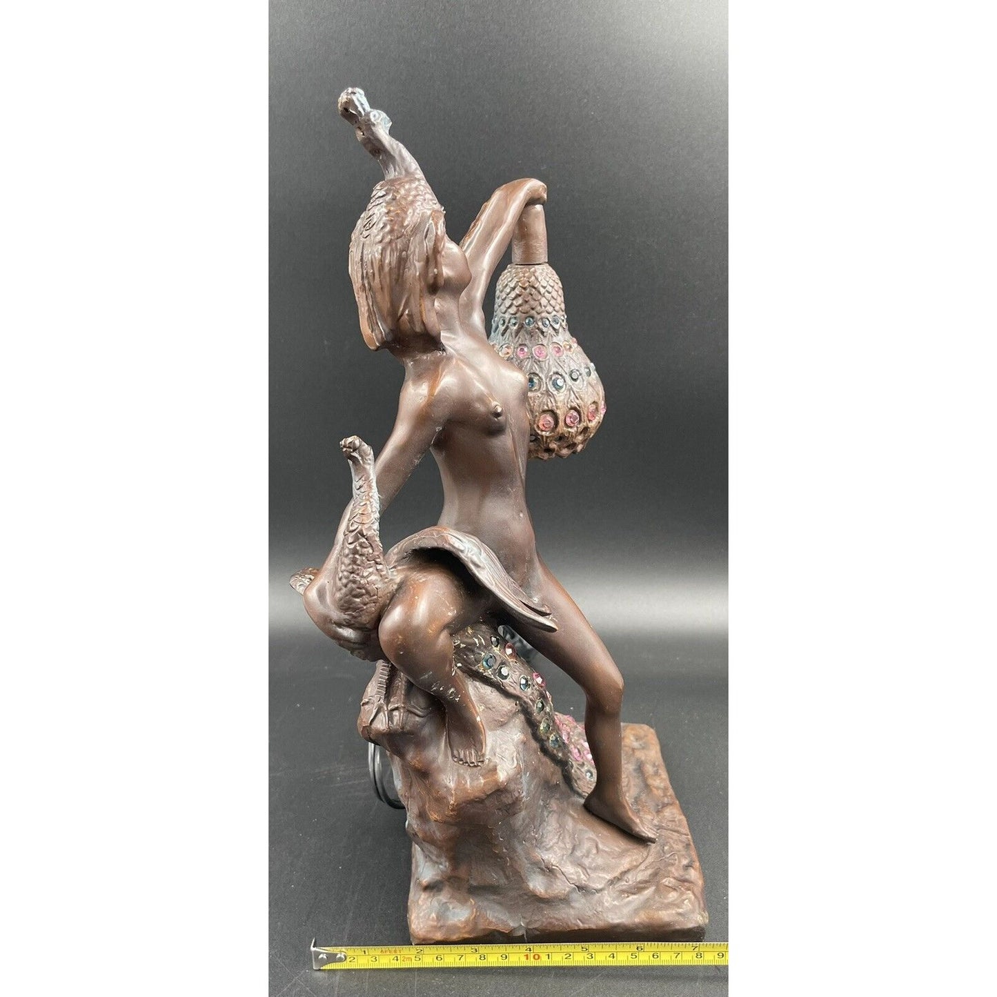 Vintage Philippe Wolfers Art Nouveau Bronze Jeweled Female & Peacock Table Lamp - Vintosh Vintage