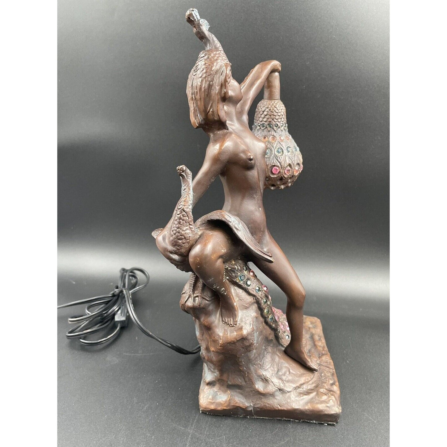 Vintage Philippe Wolfers Art Nouveau Bronze Jeweled Female & Peacock Table Lamp - Vintosh Vintage