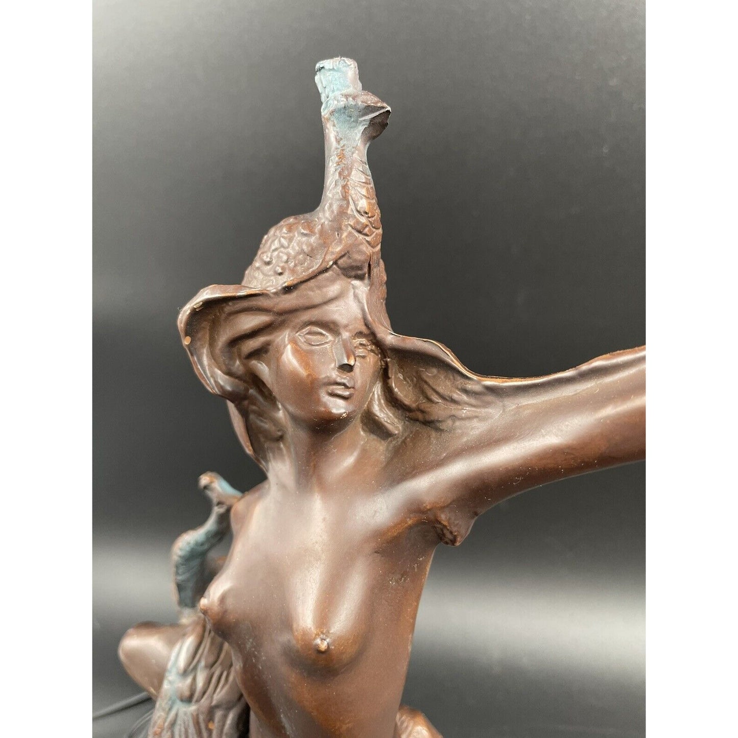 Vintage Philippe Wolfers Art Nouveau Bronze Jeweled Female & Peacock Table Lamp - Vintosh Vintage