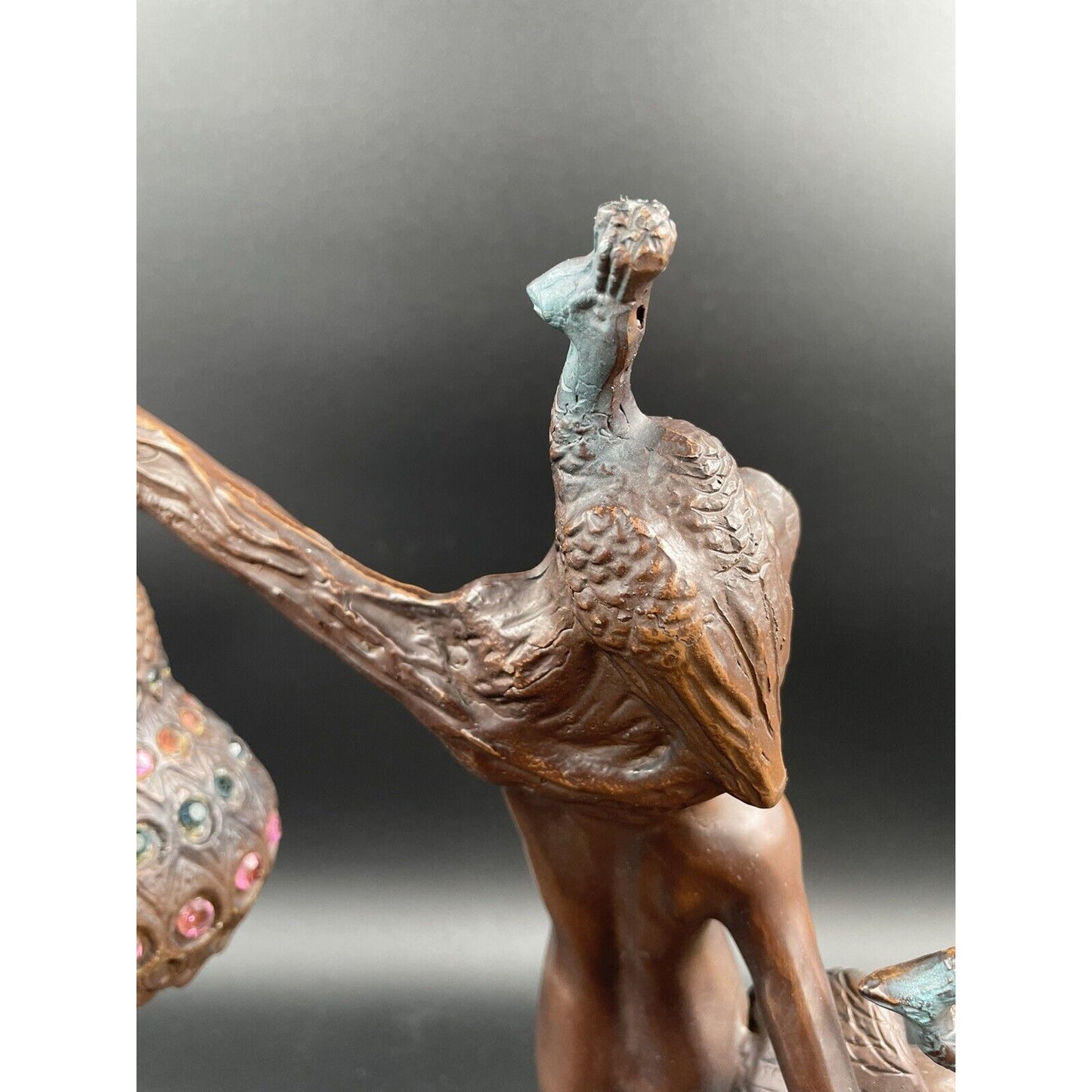 Vintage Philippe Wolfers Art Nouveau Bronze Jeweled Female & Peacock Table Lamp - Vintosh Vintage