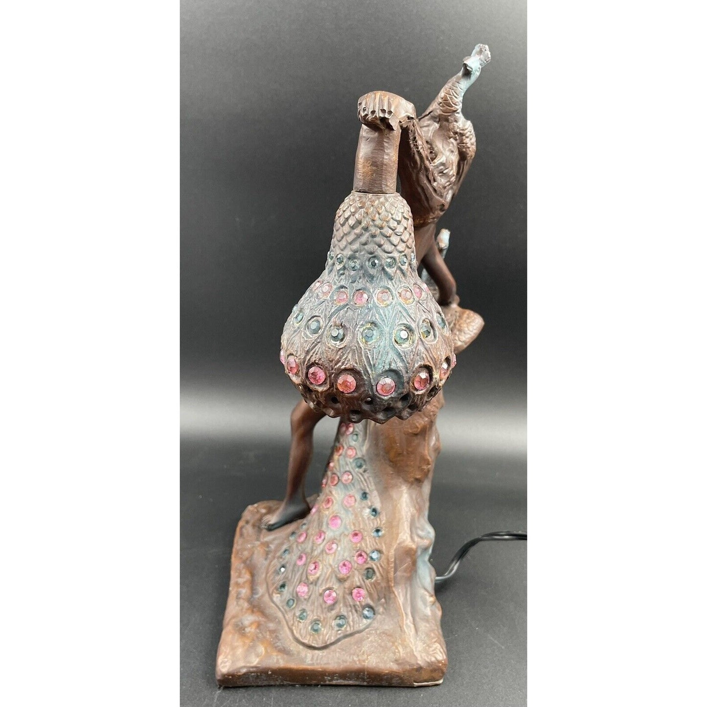 Vintage Philippe Wolfers Art Nouveau Bronze Jeweled Female & Peacock Table Lamp - Vintosh Vintage
