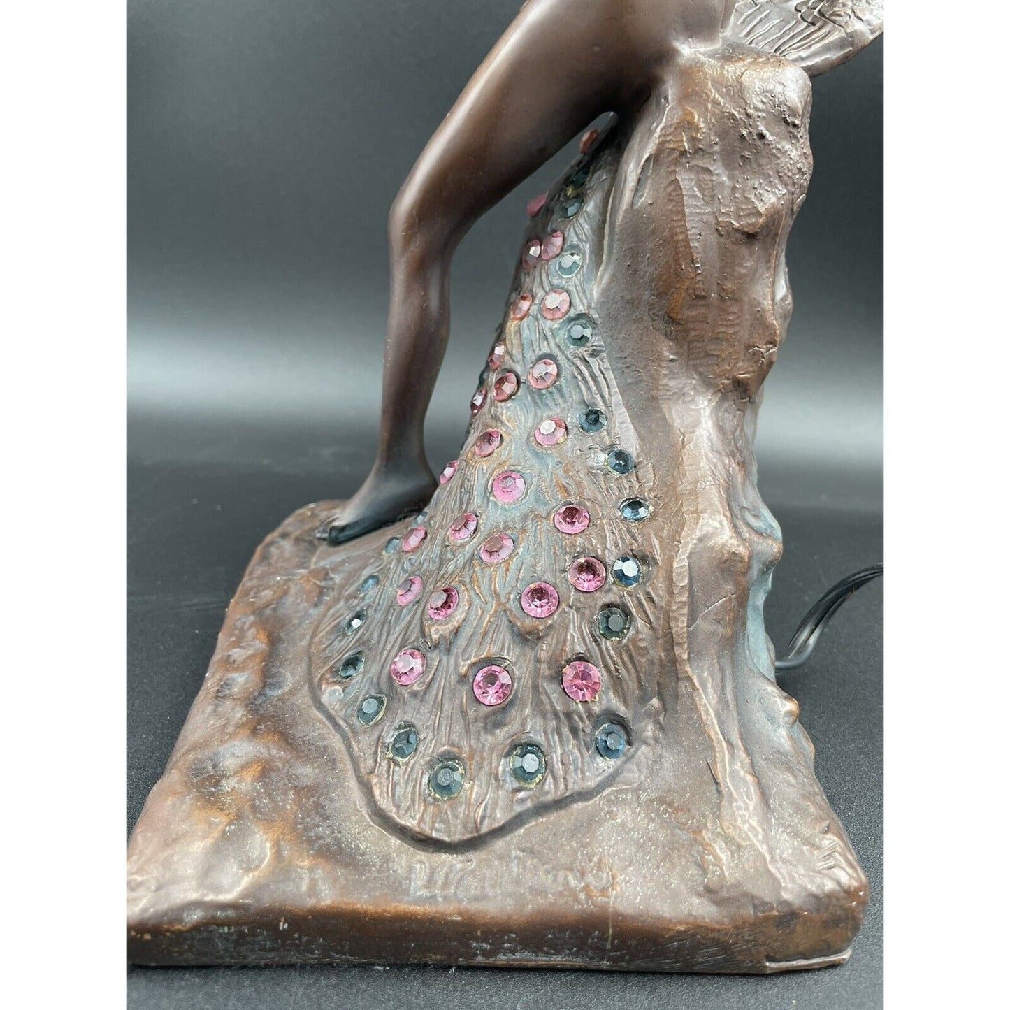 Vintage Philippe Wolfers Art Nouveau Bronze Jeweled Female & Peacock Table Lamp - Vintosh Vintage