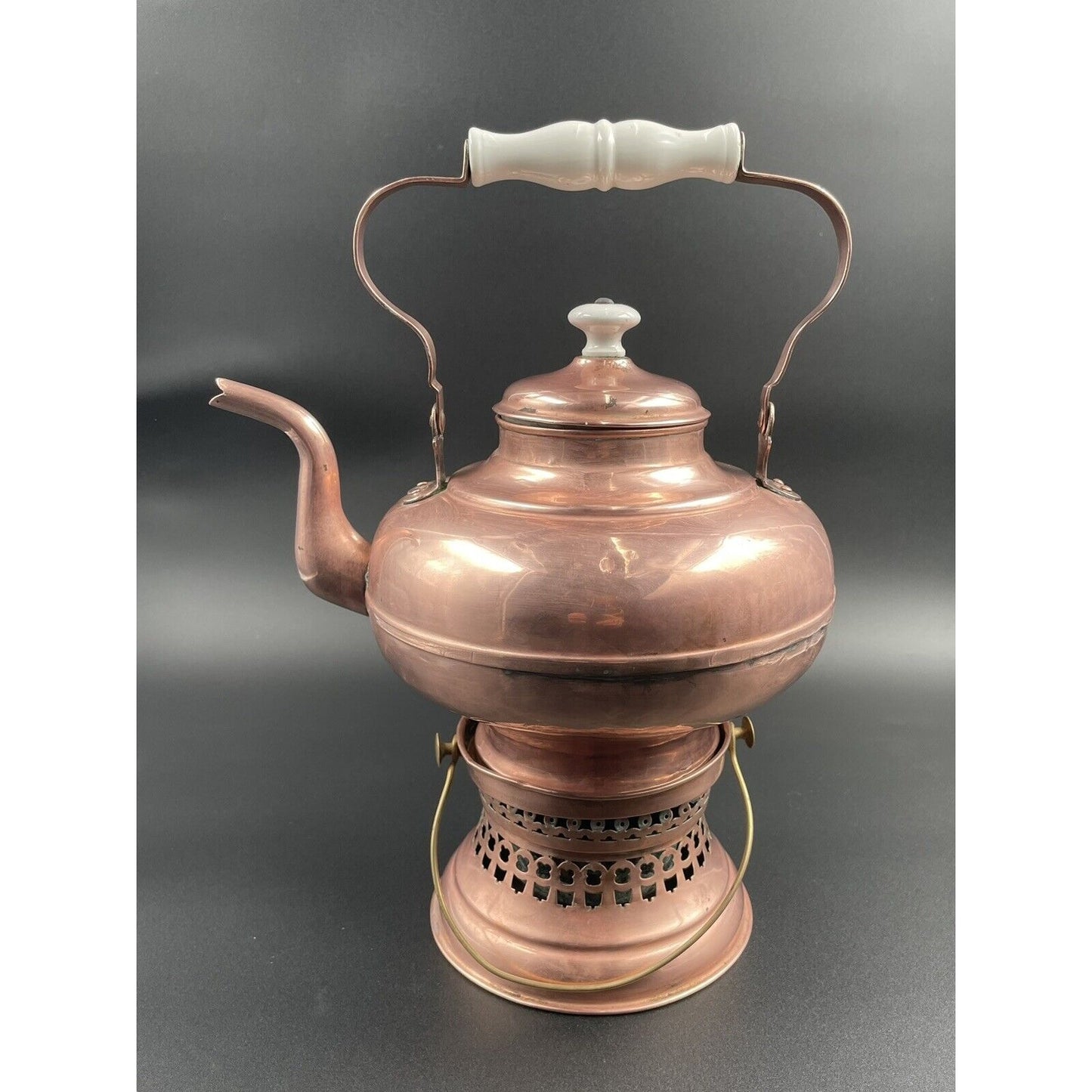 Antique Dutch Copperwater Kettle w Porcelain Handle on Warmer (C-BM) - Vintosh Vintage