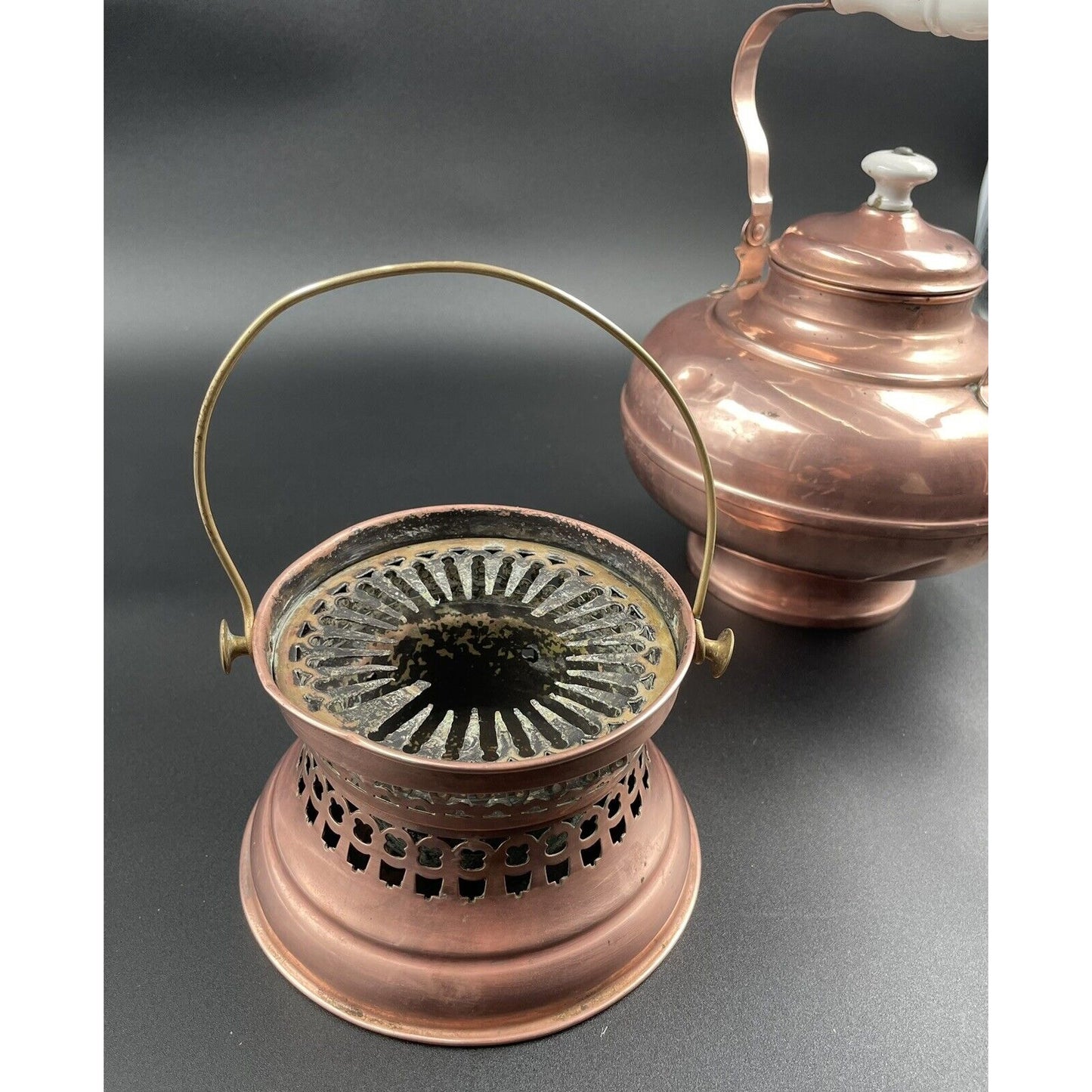 Antique Dutch Copperwater Kettle w Porcelain Handle on Warmer (C-BM) - Vintosh Vintage
