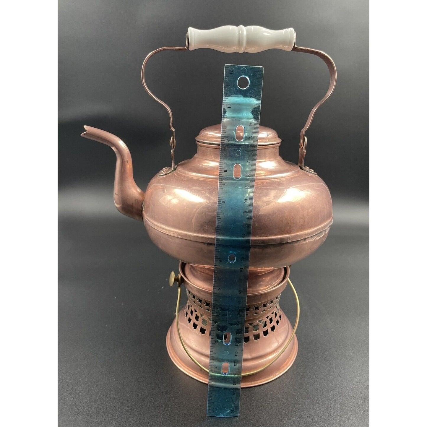 Antique Dutch Copperwater Kettle w Porcelain Handle on Warmer (C-BM) - Vintosh Vintage