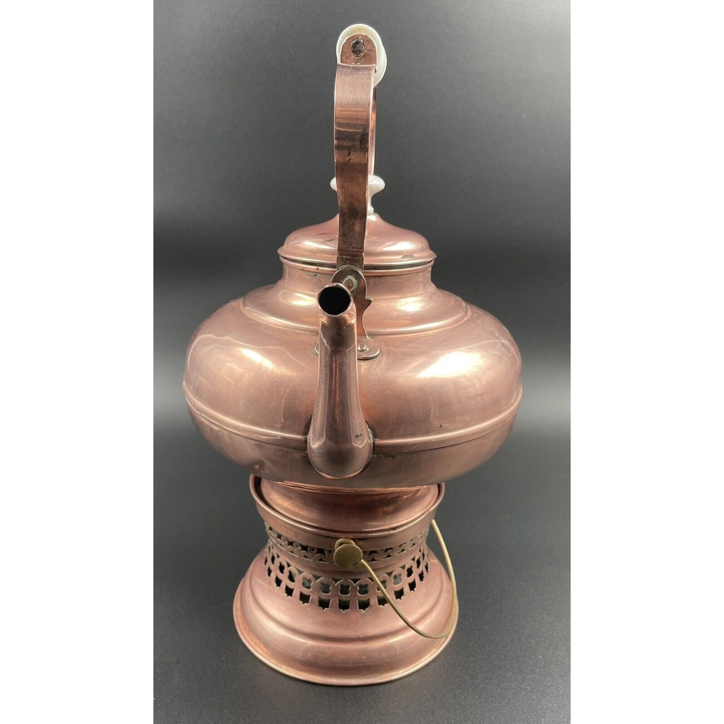 Antique Dutch Copperwater Kettle w Porcelain Handle on Warmer (C-BM) - Vintosh Vintage