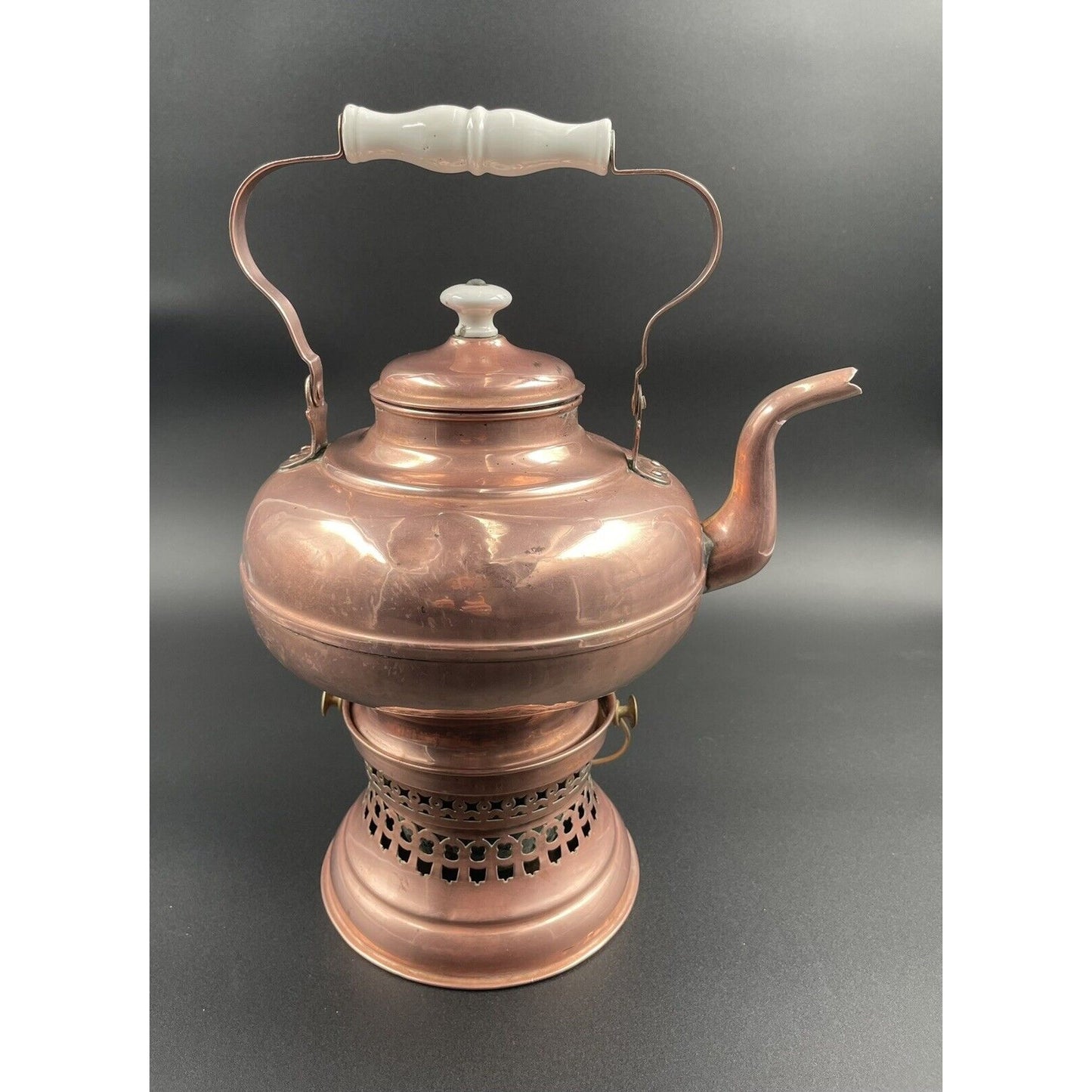 Antique Dutch Copperwater Kettle w Porcelain Handle on Warmer (C-BM) - Vintosh Vintage