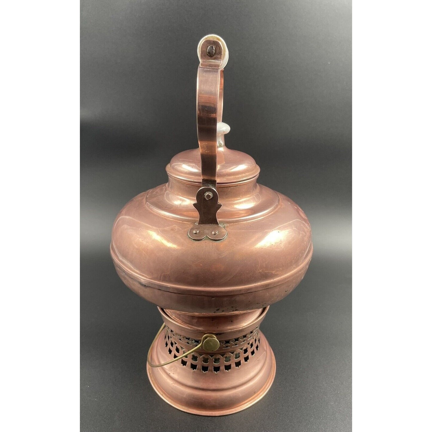 Antique Dutch Copperwater Kettle w Porcelain Handle on Warmer (C-BM) - Vintosh Vintage