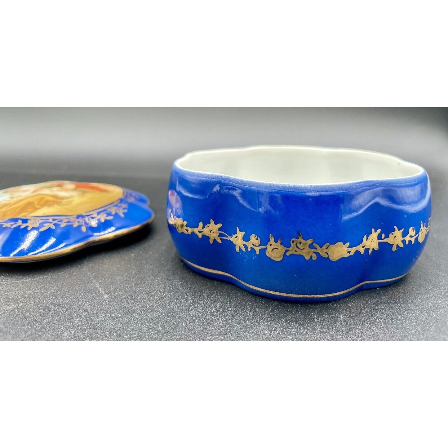 VTG Hand Painted Prussia Reproduction Porcelain Victorian Couple Trinket Box -B5 - Vintosh Vintage